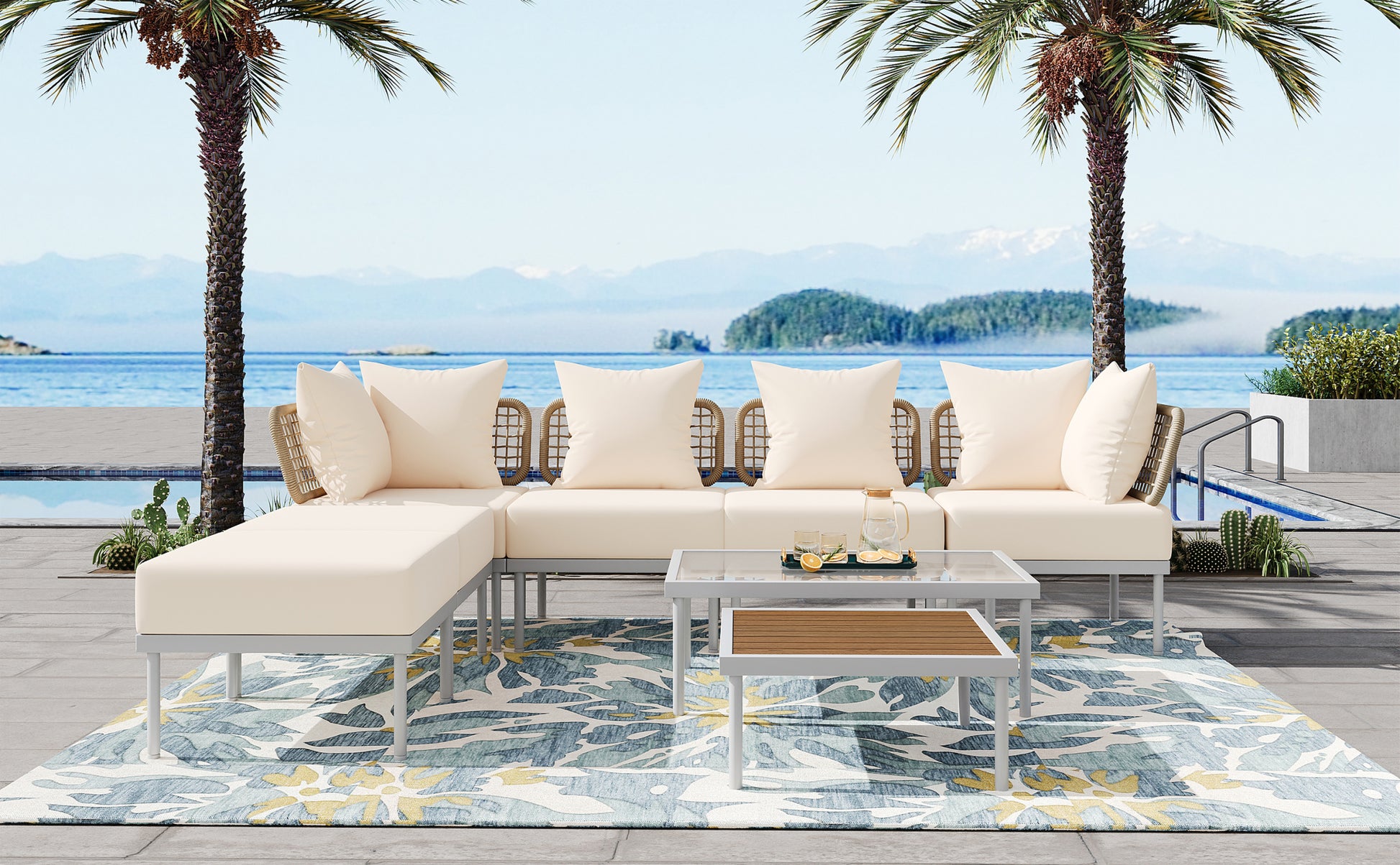 8 Piece Patio Sectional Sofa Set With Tempered Glass Coffee Table And Wooden Coffee Table For Outdoor Oasis, Garden, Patio And Poolside Beige Cushion White Steel Beige Iron
