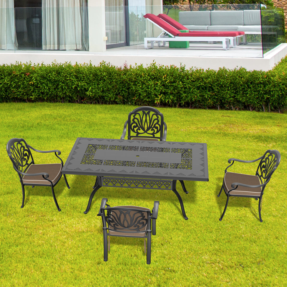 Cushions In Random Colors57 Piece Set Of Cast Aluminum Patio Furniture With Cushions Yes Dining Set Black Seats 4 Rust Resistant Frame Water Resistant Cushion Garden & Outdoor Complete Patio Sets Aluminium