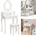 Vanity Table Set With 4 Drawer, Dressing Table W Cushioned Stool, Girls Women Bedroom Furniture Set Oval Mirror Jasmine White 4 Drawers Wood