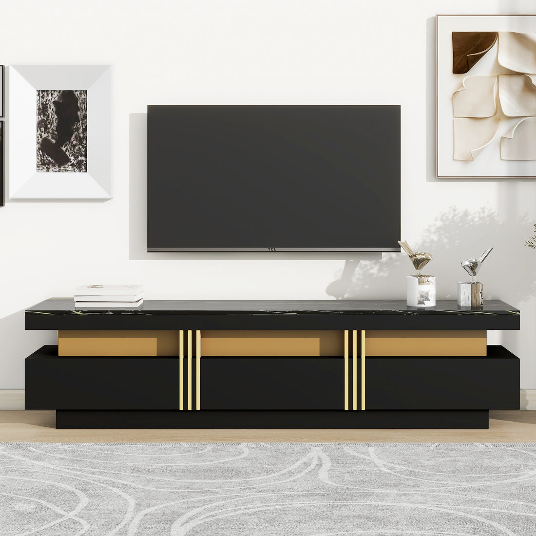 Luxury Tv Stand With High Gloss Faux Marble Top For Tvs Up To 78'', Rectangle Media Console With Golden Panel Design, Practical Entertainment Center With 3 Drawers For Living Room, Black Black Gold 70 79 Inches 70 79 Inches Mdf