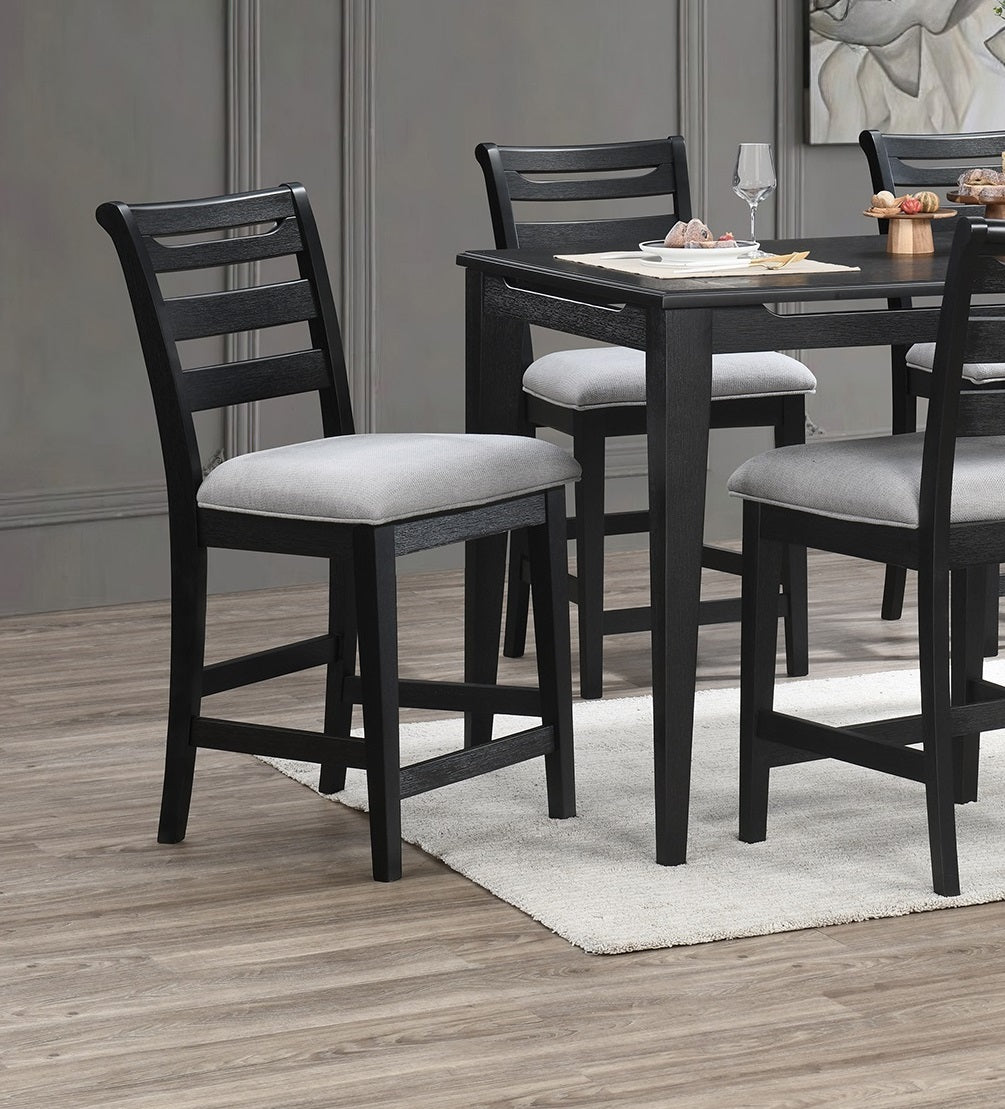 Black Color 7Pc Dining Set Counter Height Table And 6X High Chairs Upholstered Fabric Cushion Seats Solid Wood Dining Room Furniture Wood Dining Room Solid Wood Rubberwood Rectangular Dining Table With Chair Upholstered Chair Wood Black Ladder Back Seats