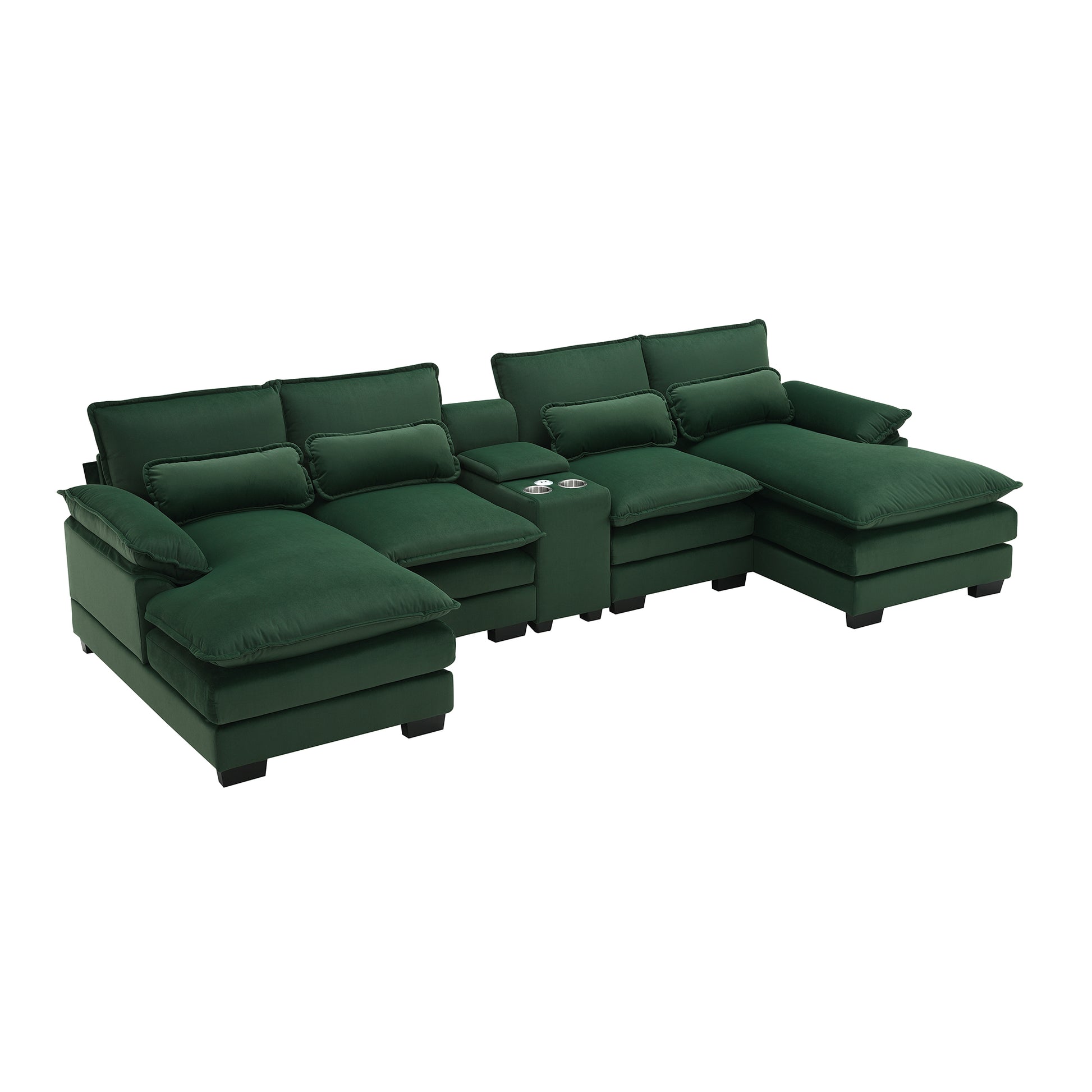 123*55" Modern U Shaped Sofa With Console,Cupholders And Usb Ports,6 Seat Upholstered Symmetrical Indoor Furniture,Sleeper Couch Set With Chaise For Living Room,Apartment,5 Colors Green Velvet 6 Seat