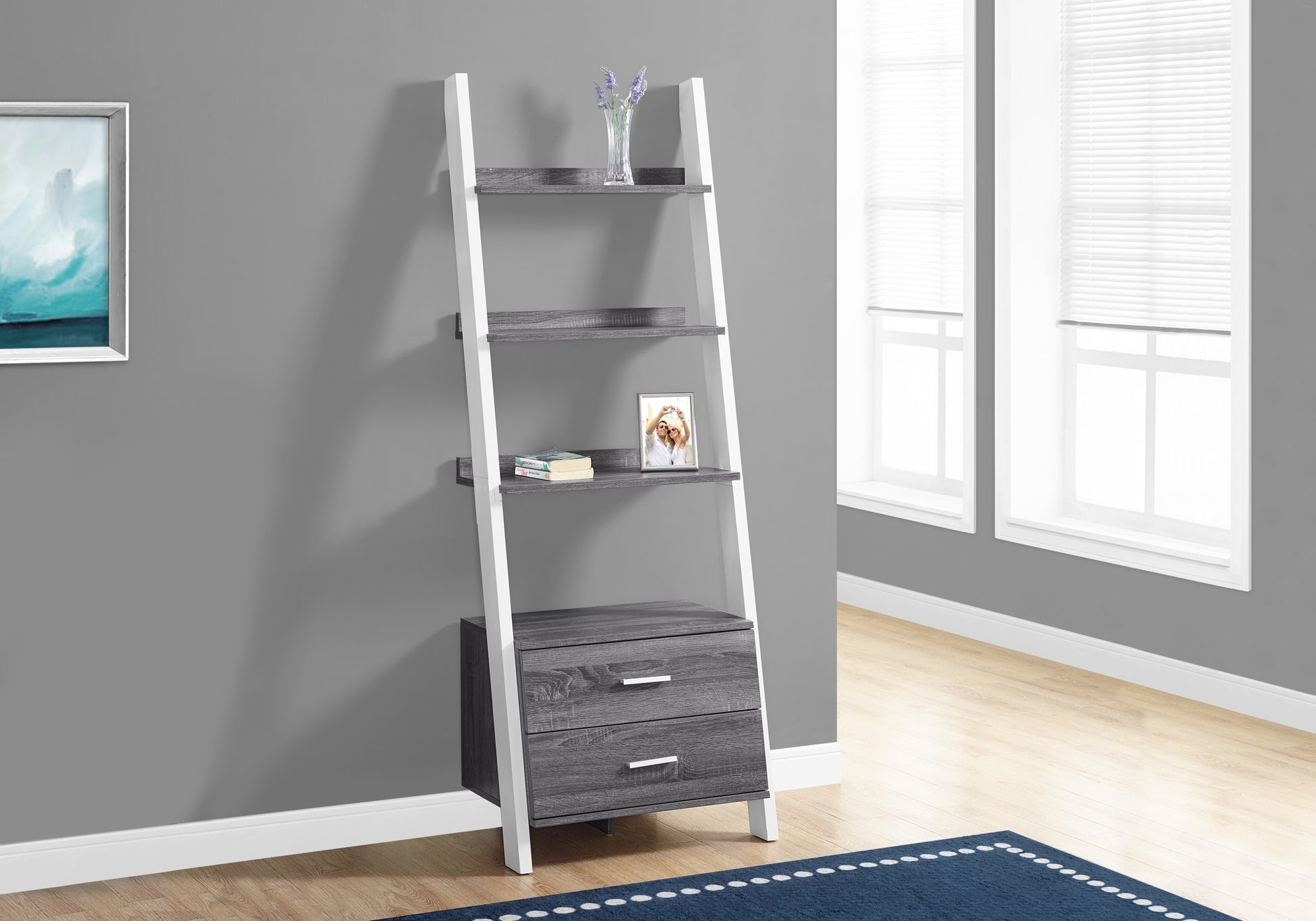 Bookshelf, Bookcase, Etagere, Ladder, 4 Tier, 69"H, Office, Bedroom, Grey And White Laminate, Contemporary, Modern Grey Particle Board