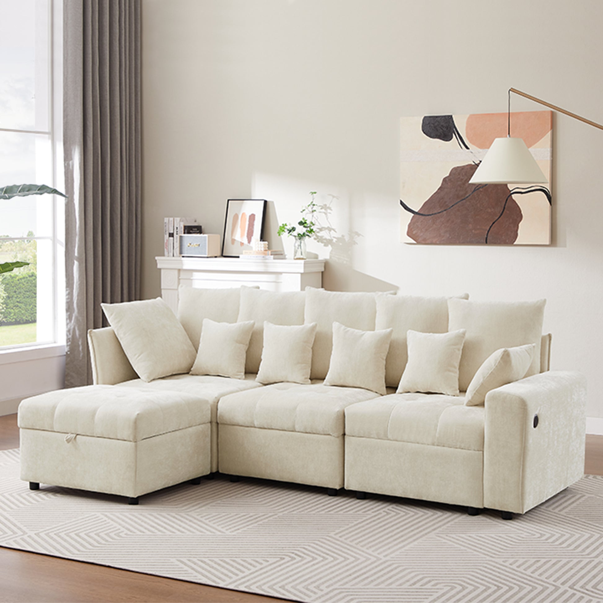 96.45"Sectional Sofa Modular Sofa Couch With Three Usb Ports, A Removable Storage Ottoman And Five Back Pillows For Living Room, Beige Beige Foam Chenille 4 Seat