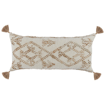 16 X 36 Lumbar Throw Pillow, Diamond Jute Cotton Cover, Tassels, Brown Brown White Polyester Blend
