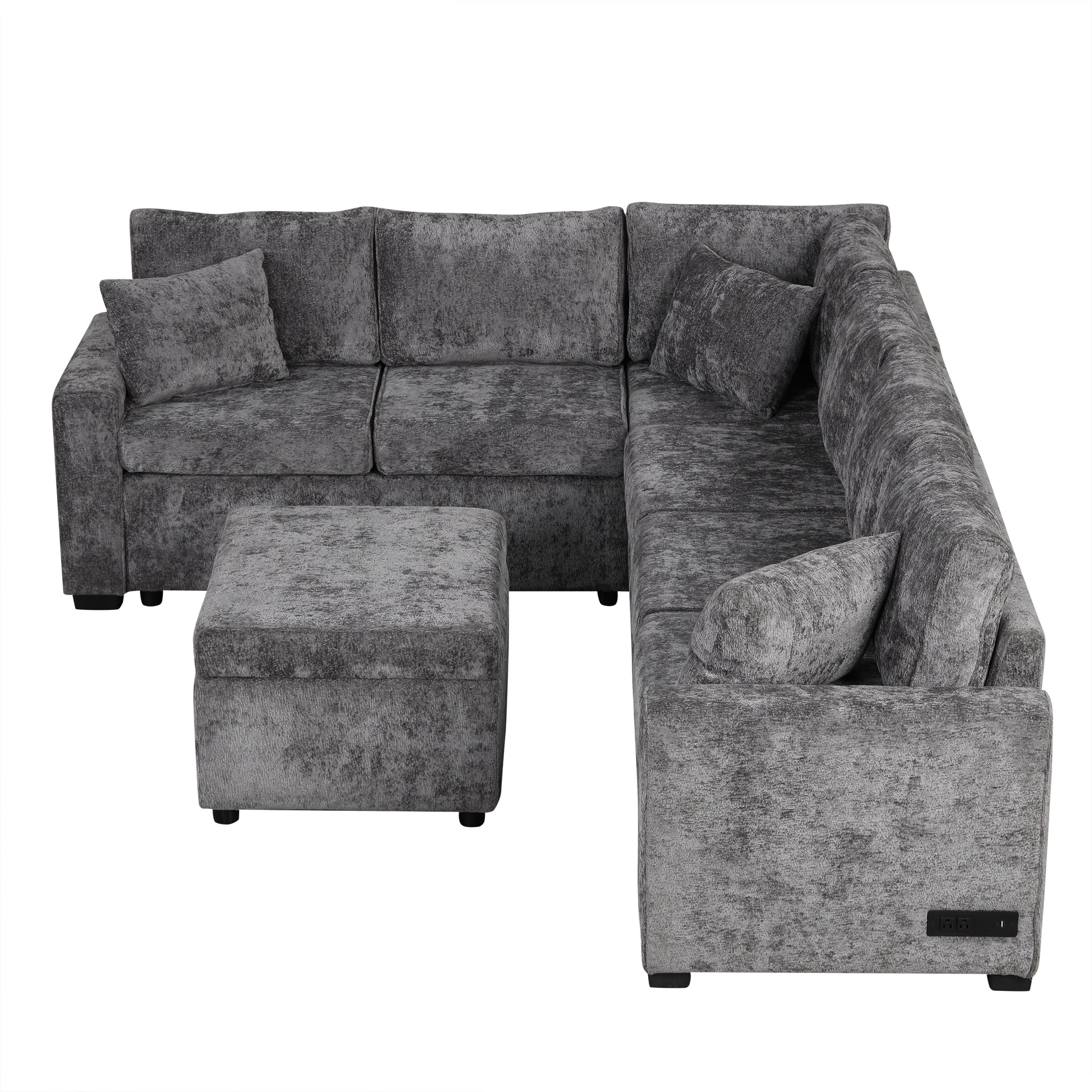 112.2" Sectional Sofa Pull Out Sofa Bed Sleeper With A Storage Ottoman,Three Pillows And Charging Devices For Living Room, Grey Grey Foam Chenille 6 Seat