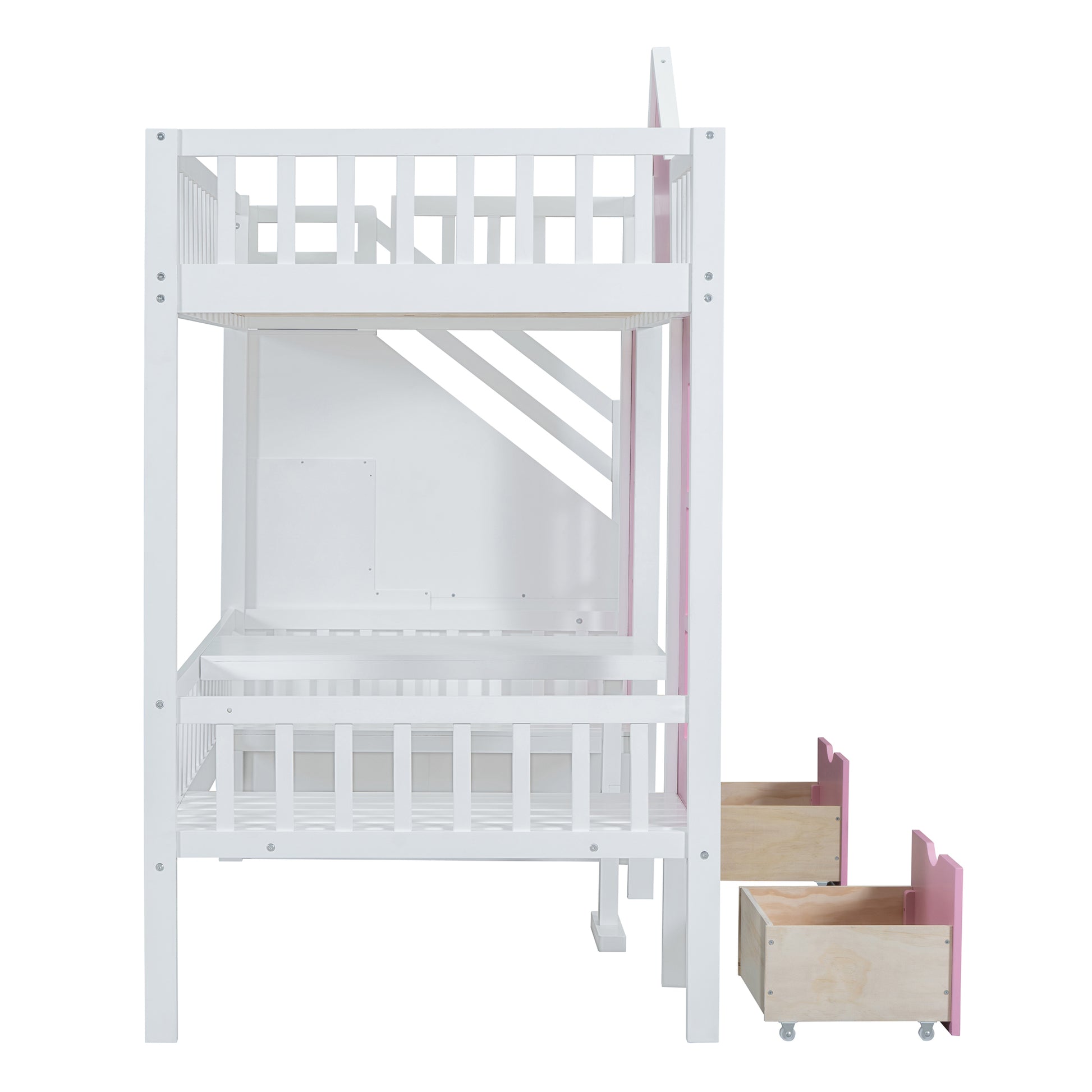 Twin Over Twin Bunk Bed With Changeable Table, Bunk Bed Turn Into Upper Bed And Down Desk Pink Twin Pink Solid Wood