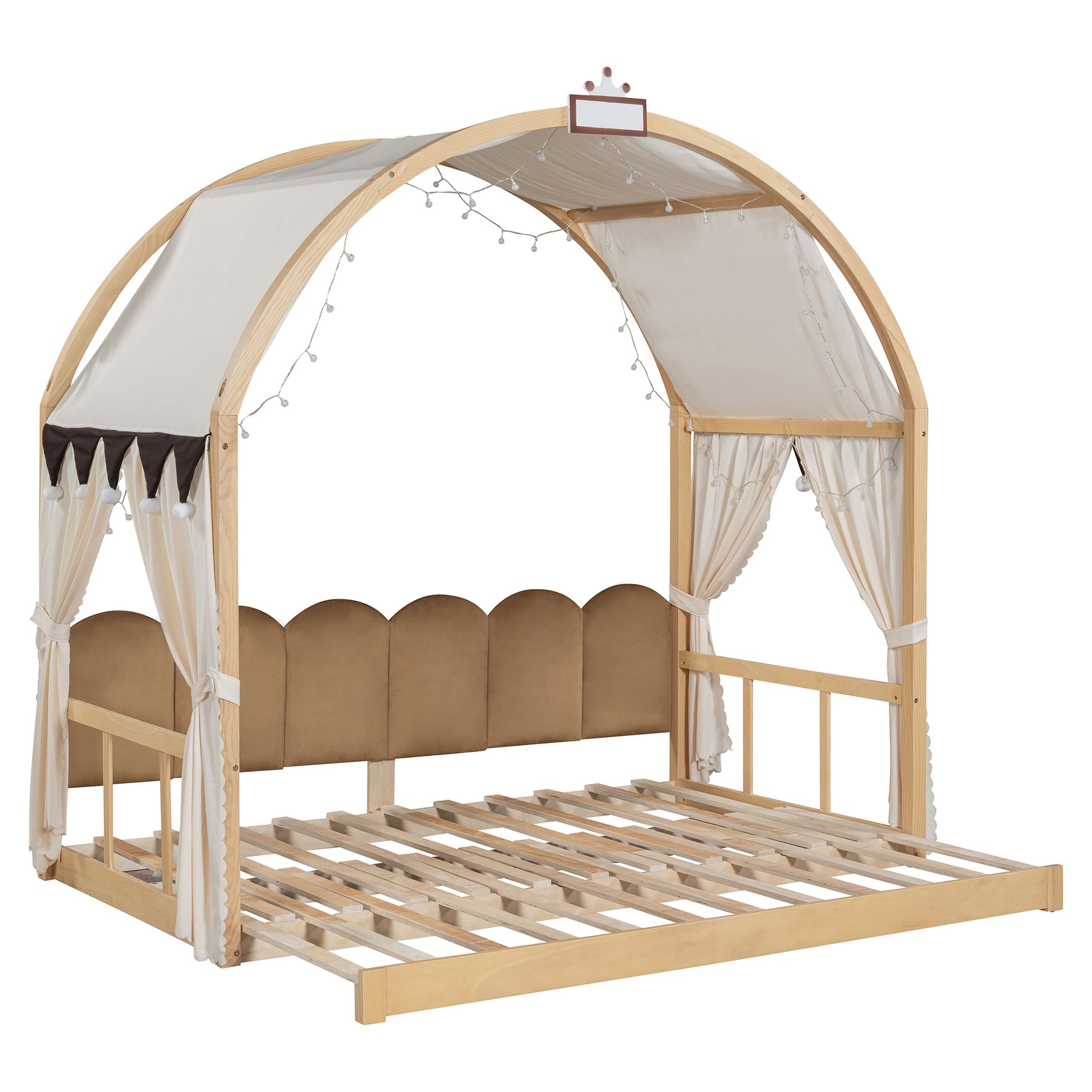 Twin Size Extended Bed With Arched Roof And Trundle, Natural Twin Natural Plywood