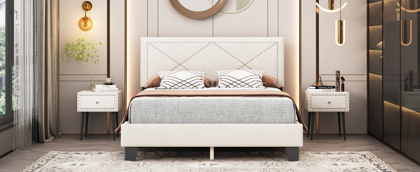 Simple Queen Size Upholstered Bed Frame With Rivet Design, Modern Velvet Platform Bed With Headboard, Beige Queen Beige Bedroom Bed Frame Velvet Solid Wood Mdf