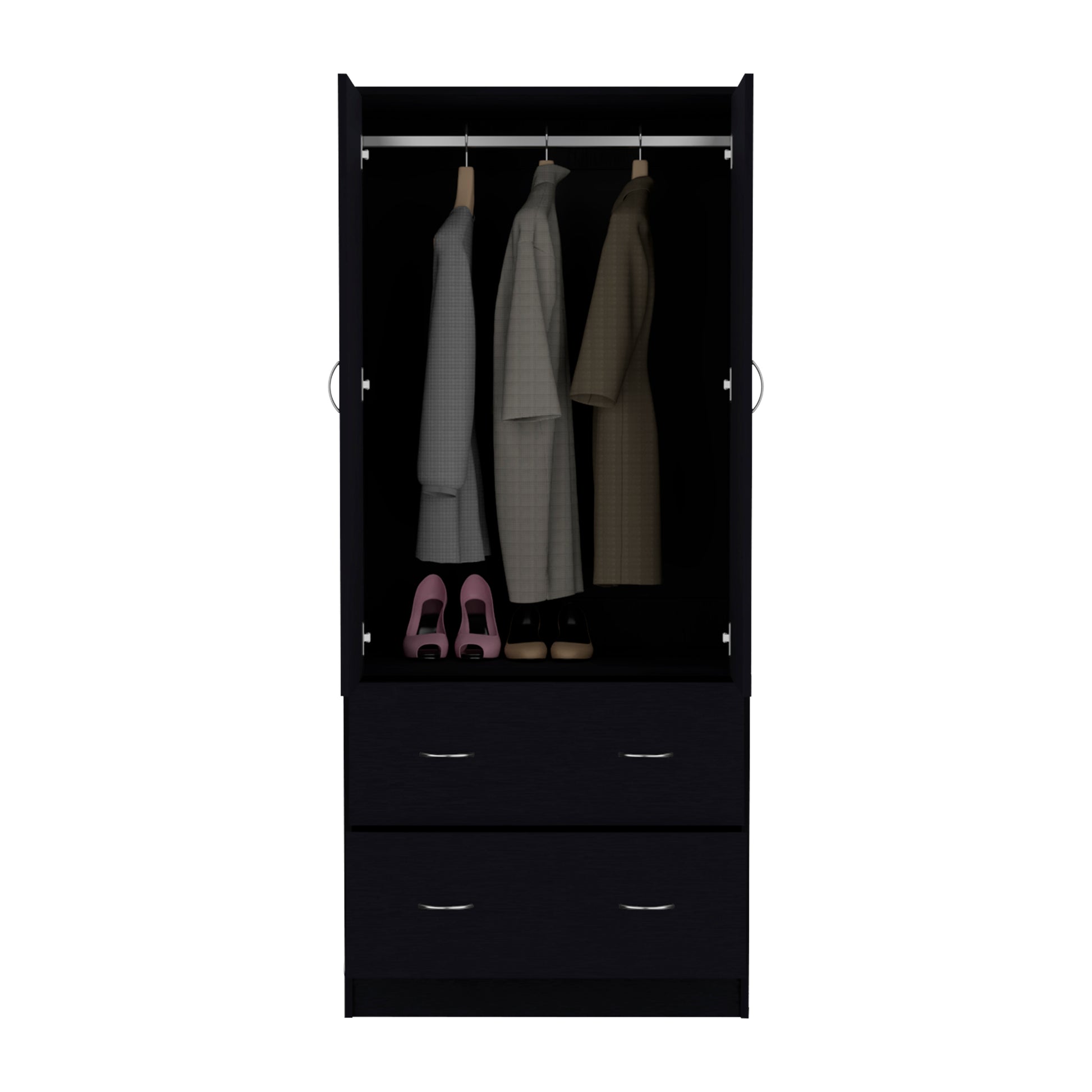 Taly Armoire With Double Doors, 2 Drawers, And Hanging Rod Black Black Particle Board