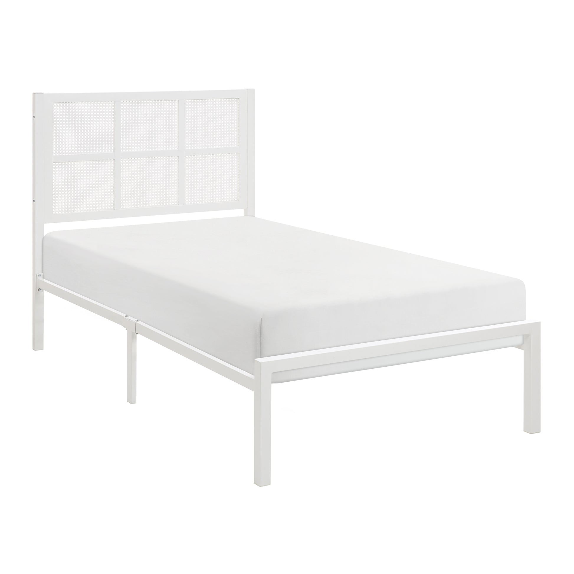 1Pc Twin Platform Bed, Metal Frame White Finish Faux Cane Panel Headboard Casual Coastal Bedroom Furniture, Bed In A Box Box Spring Not Required Twin White Metal Bedroom Casual,Coastal Metal