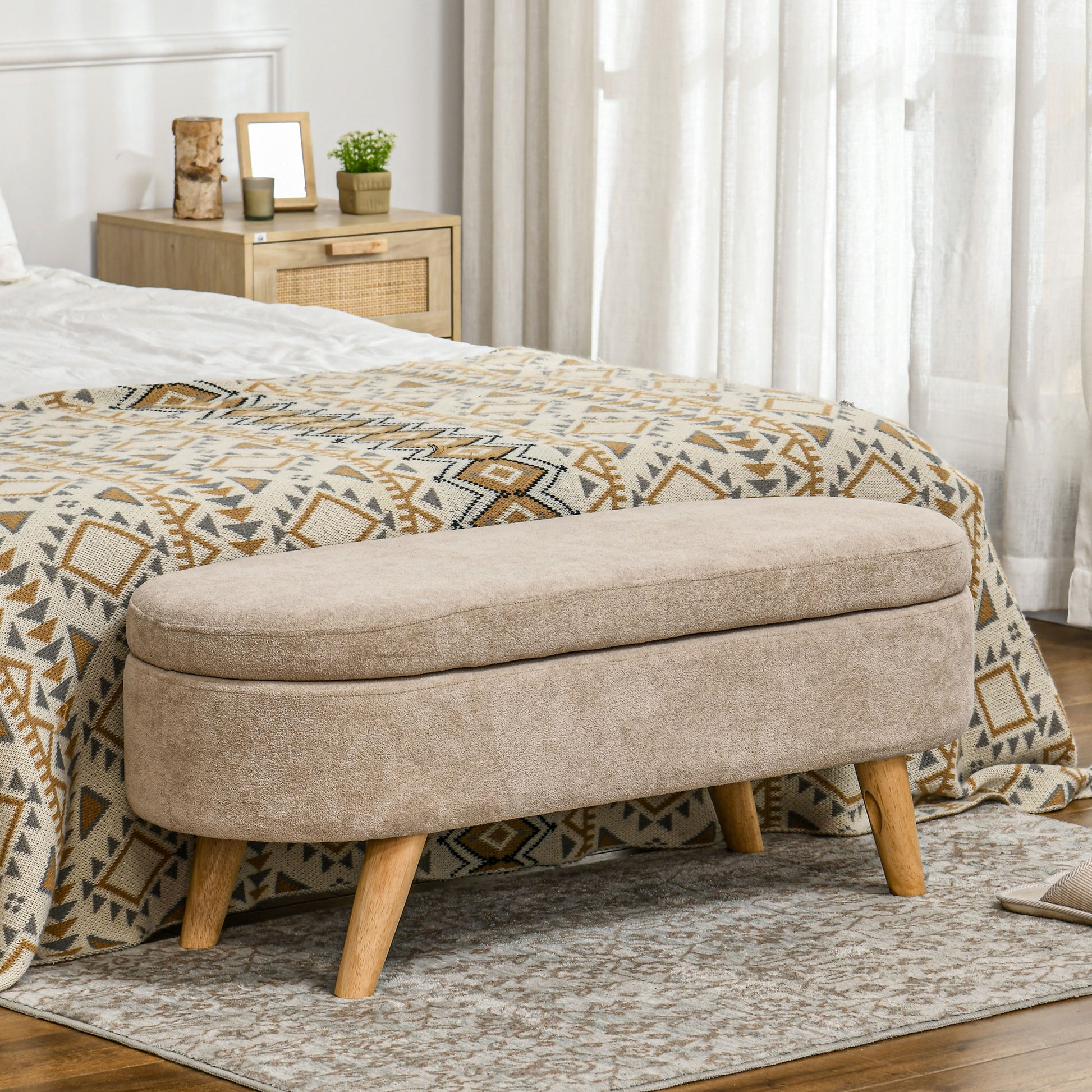 Homcom Storage Ottoman Bench, 43.3" Teddy Fleece Upholstered End Of Bed Bench With Wood Legs And Padded Seat, Oval Modern Entryway Bench, Beige Beige Polyester