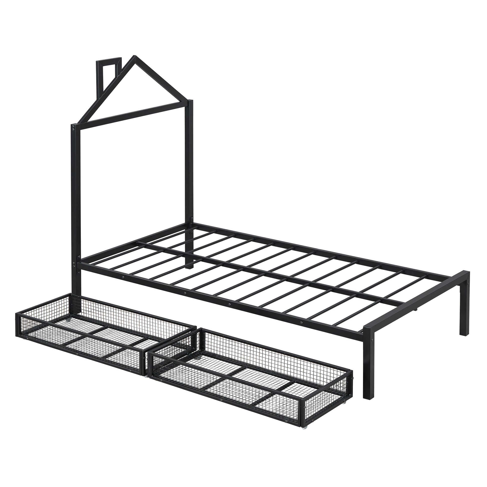 Twin Size Metal Platform Bed With Two Drawers,House Shaped Headboard Design, Black Twin Black Metal