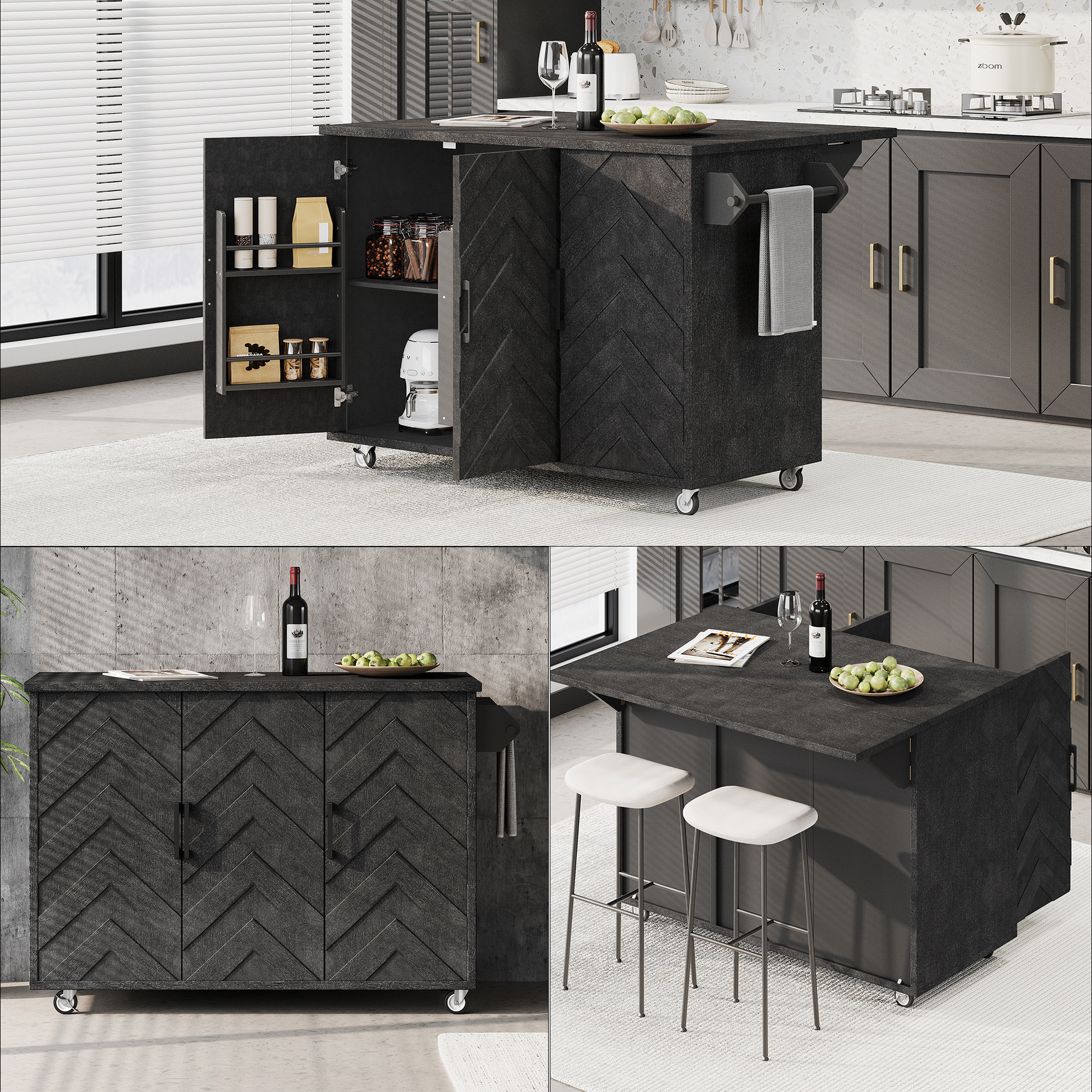 K&K 51.2"W 3D Wave Stripes Ash Veneer Not Cheap Paper Kitchen Island With Drop Leaf, Farmhouse Kitchen Island On Wheels With Internal Storage Rack, Rolling Kitchen Cart Black Black Brown Kitchen