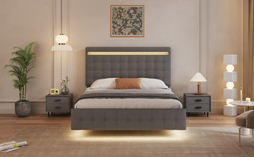 Floating Bed Frame Queen Size With Led Lights, Upholstered Headboard And Footboard Platform Bed, Wood Slats Support Easy Assembly,Plush Velvet Dark Grey Box Spring Not Required Queen Dark Grey Wood Bedroom American Design Bed Frame Velvet Velvet