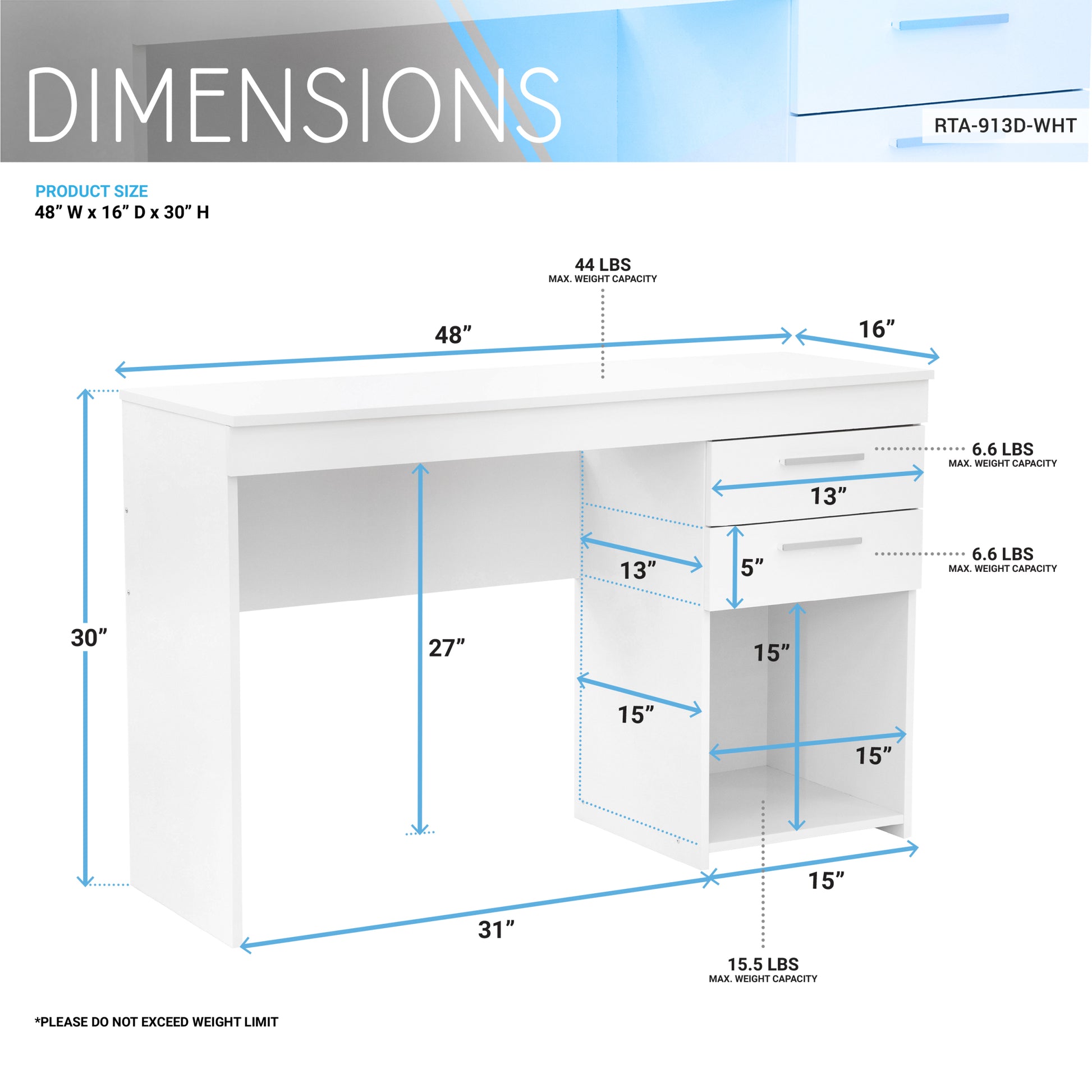 Techni Mobili Home Office Workstation With Storage, White White Writting Desk Modern Rectangular Rectangular Particle Board