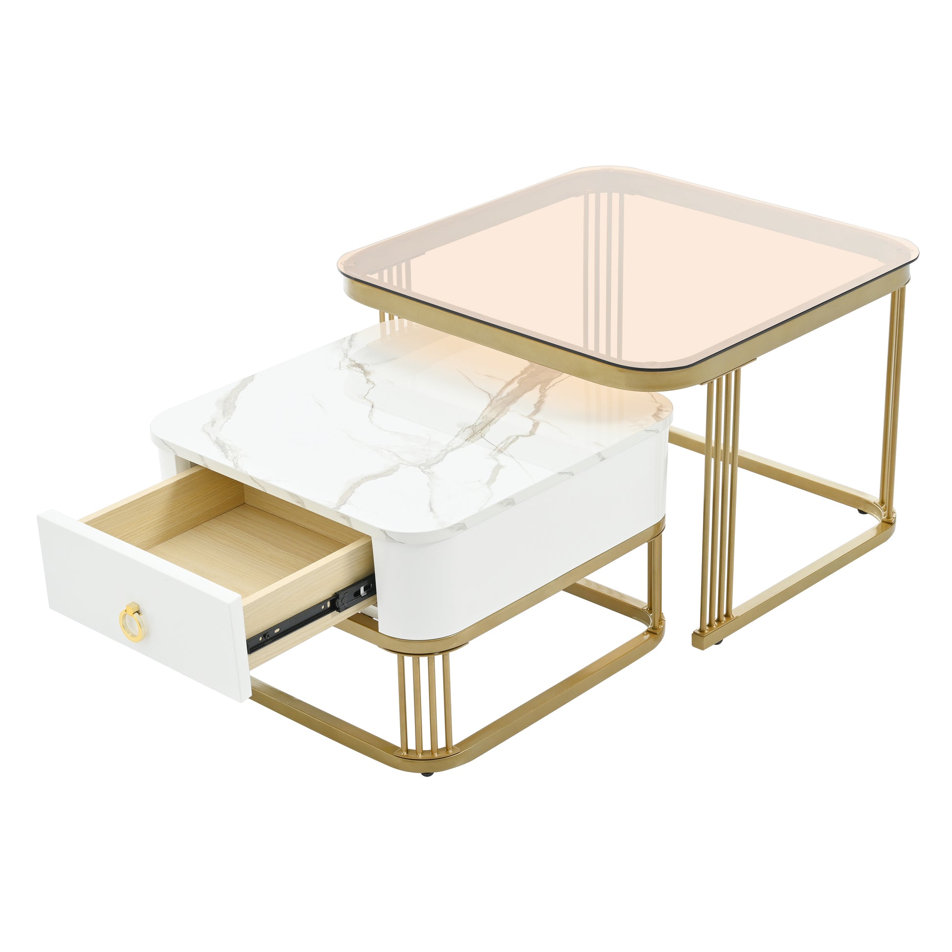 Nesting Coffee Table With Drawer, Set Of 2, Exquisite Square Stacking Coffee Tables With Brown Tempered Glass, Side Table With High Gloss Marble Grain Tabletop For Living Room, White White Gold Primary Living Space Drawers Square Mdf Steel