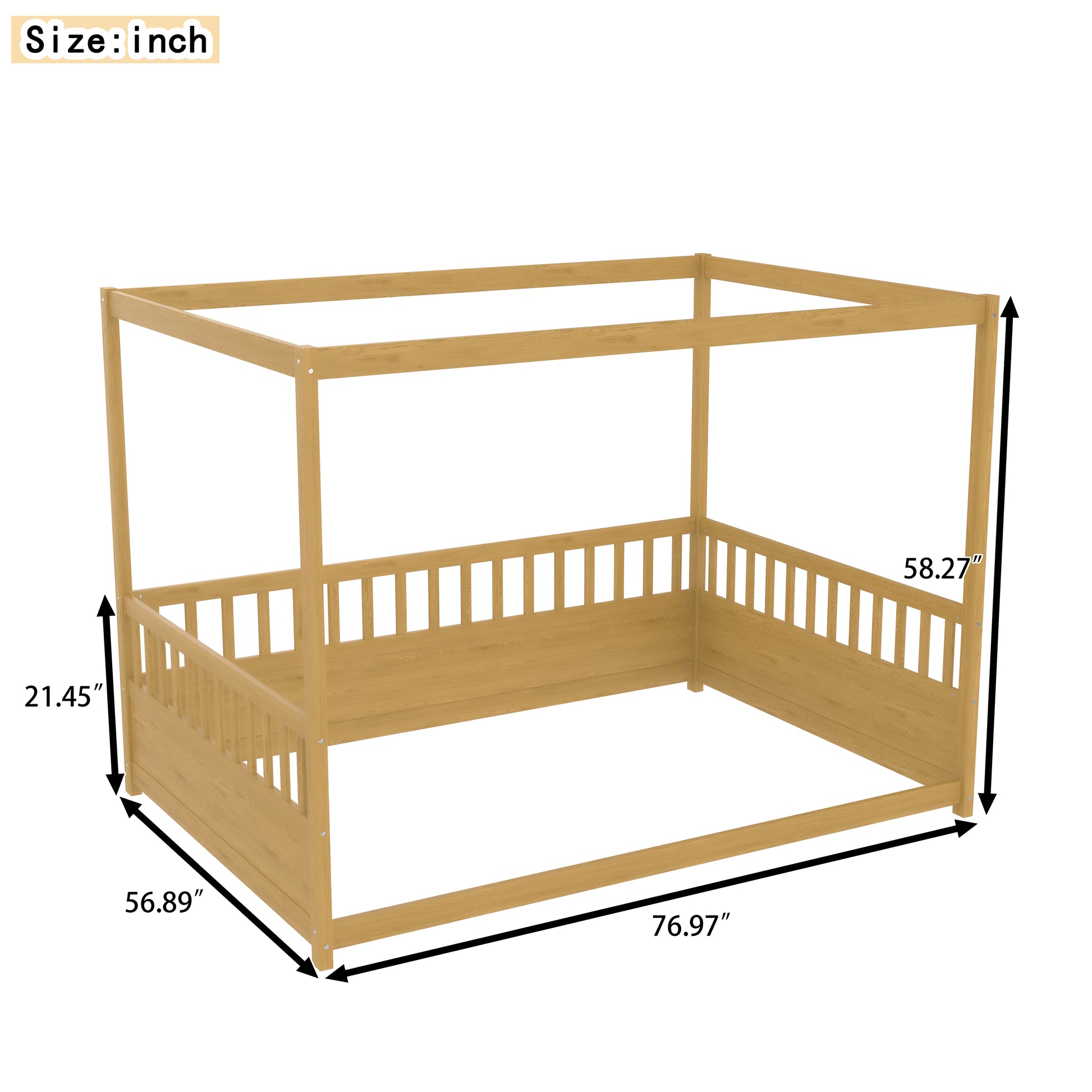 Full Size Canopy Bed Frame With Guardrails For Kids,Floor Bed Full With Four Poster Design,Kids Montessori Floor Bed,Wood Canopy Bed Frame For Girls,Boys Full,Natural Box Spring Required Full