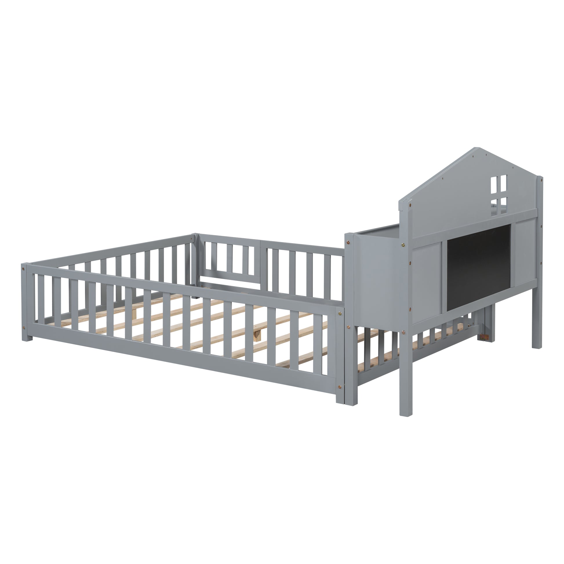 Full Size Floor Beds With Bookcases And Blackboards, Versatile Platform Beds With Guard Rails, Solid Wood Floor Beds With Storage Headboards, Floor Beds For Kids And Teens Grey Full Grey Plywood