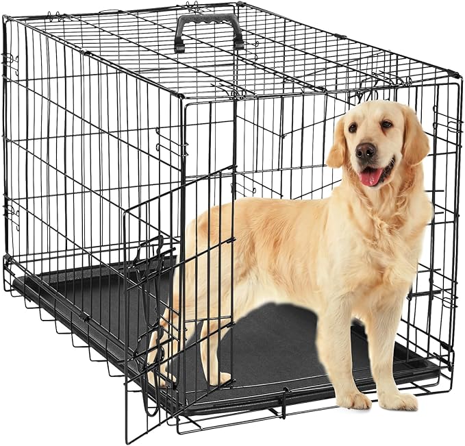 36 Inch Folding Metal Wire Dog Crate, Durable, Foldable, Collapsible Double Door Dog Crate With Removable Leak Proof Pan, Portable Dogs Crate With Divider, Black Black Iron