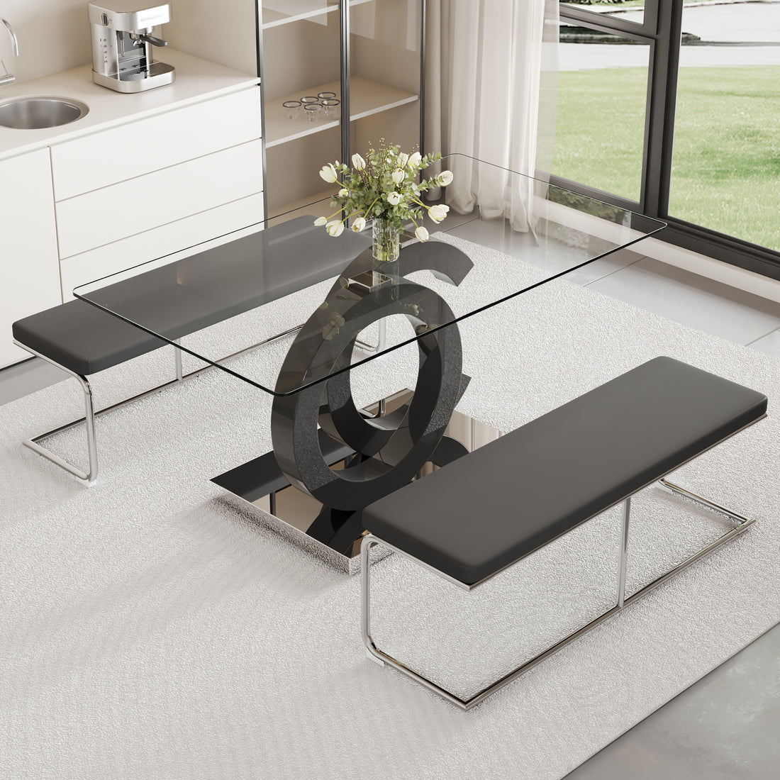 Table And Chair Set, Large Modern Minimalist Rectangular Glass Dining Table Suitable For 6 8 People, Equipped With 0.39 "Tempered Glass Tabletop, Mdf Oc Shaped Bracket, And Metal Base. Black Glass