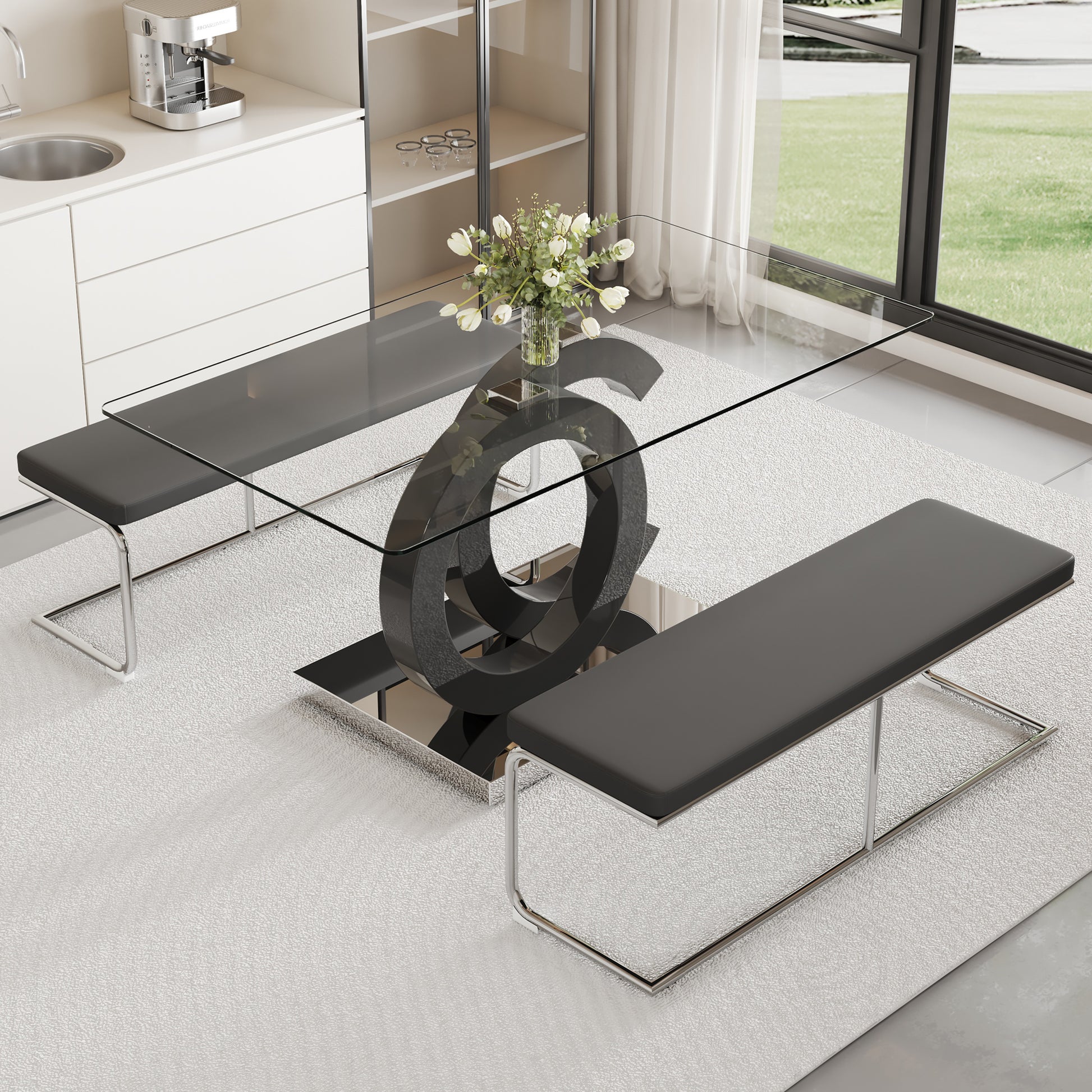 Table And Chair Set, Large Modern Minimalist Rectangular Glass Dining Table Suitable For 6 8 People, Equipped With 0.39 "Tempered Glass Tabletop, Mdf Oc Shaped Bracket, And Metal Base. Black Glass