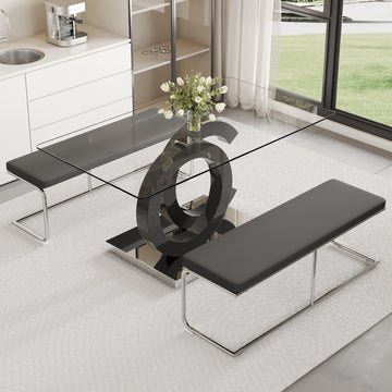 Table And Chair Set, Large Modern Minimalist Rectangular Glass Dining Table Suitable For 6 8 People, Equipped With 0.39 "Tempered Glass Tabletop, Mdf Oc Shaped Bracket, And Metal Base. Black Glass