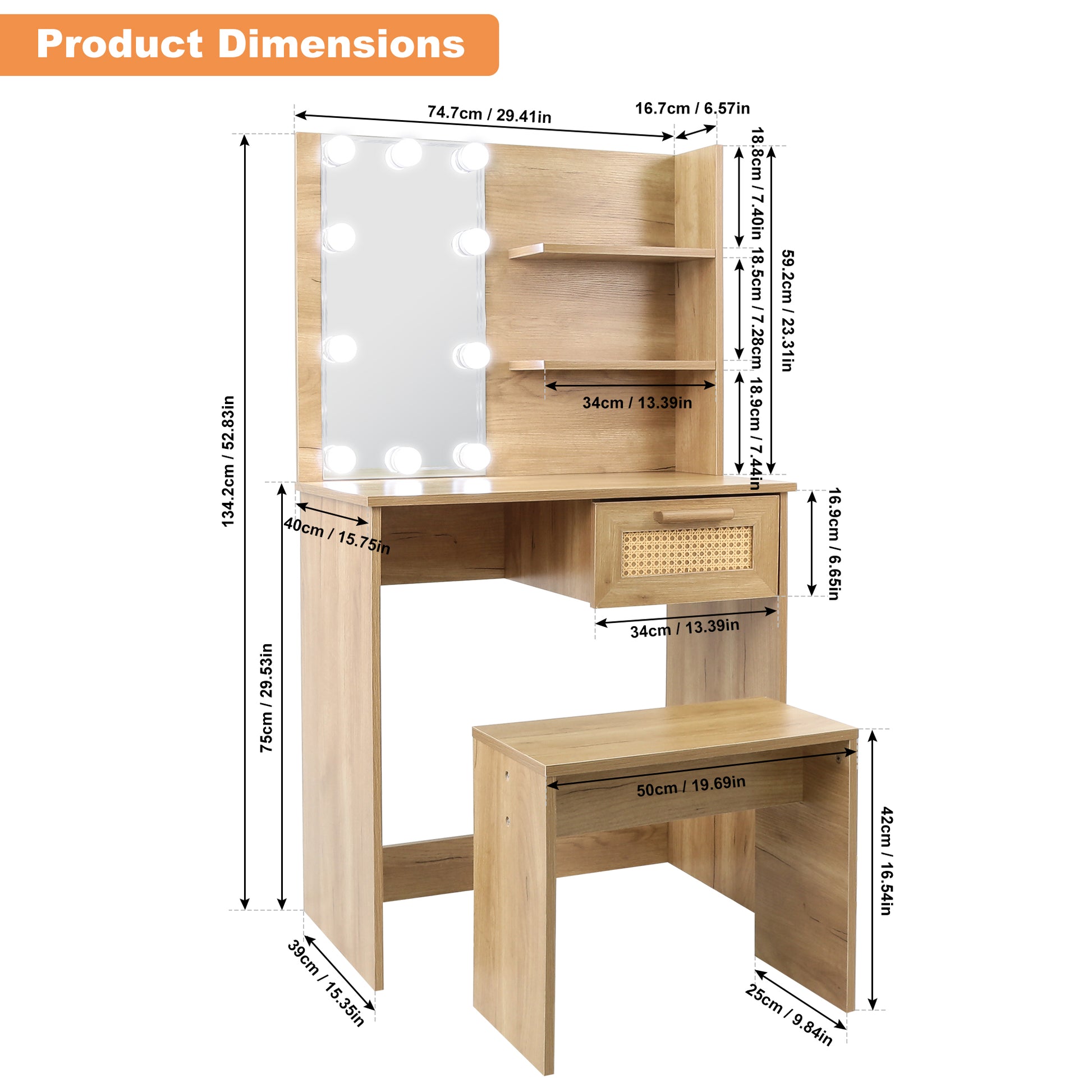 Vanity Desk Set Stool & Dressing Table With Led Lighting Mirror Drawer And Compartments Modern Wood Cosmetic Table Chest Of Drawers Nature Color Natural Wood Particle Board