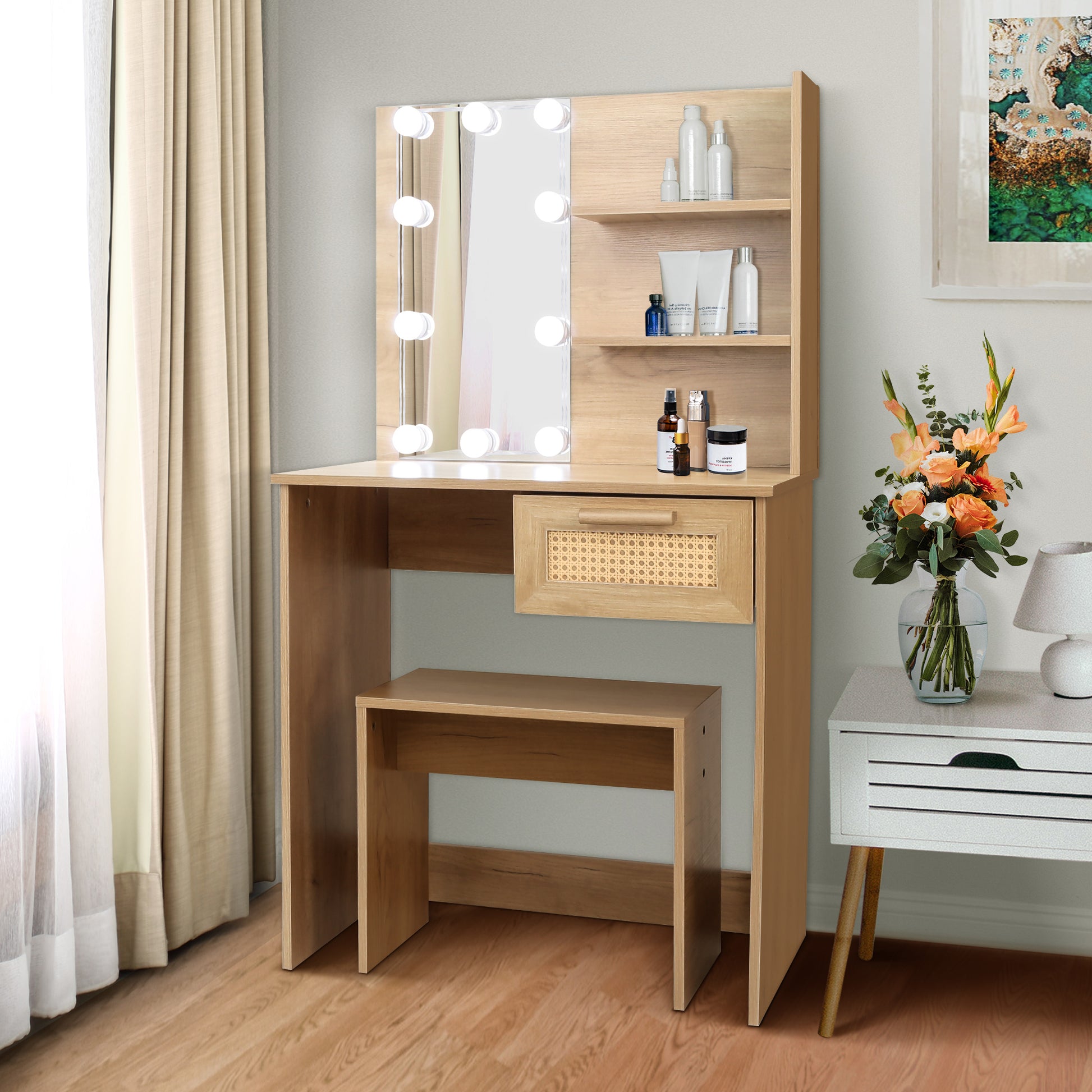 Vanity Desk Set Stool & Dressing Table With Led Lighting Mirror Drawer And Compartments Modern Wood Cosmetic Table Chest Of Drawers Nature Color Natural Wood Particle Board