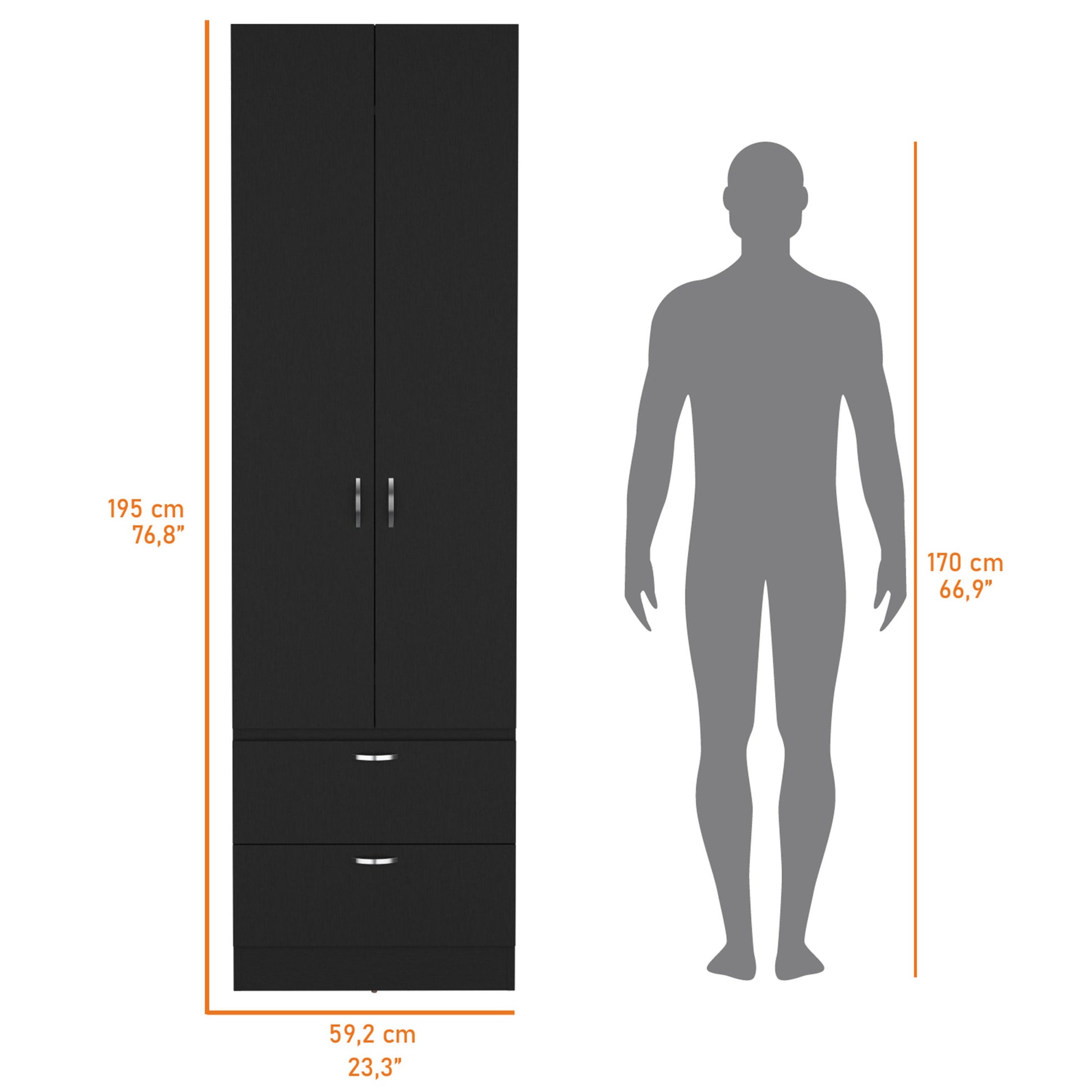 Tall Mayer Wardrobe In Melamine With Two Doors And Two Drawers Black Bedroom Contemporary Particle Board Melamine