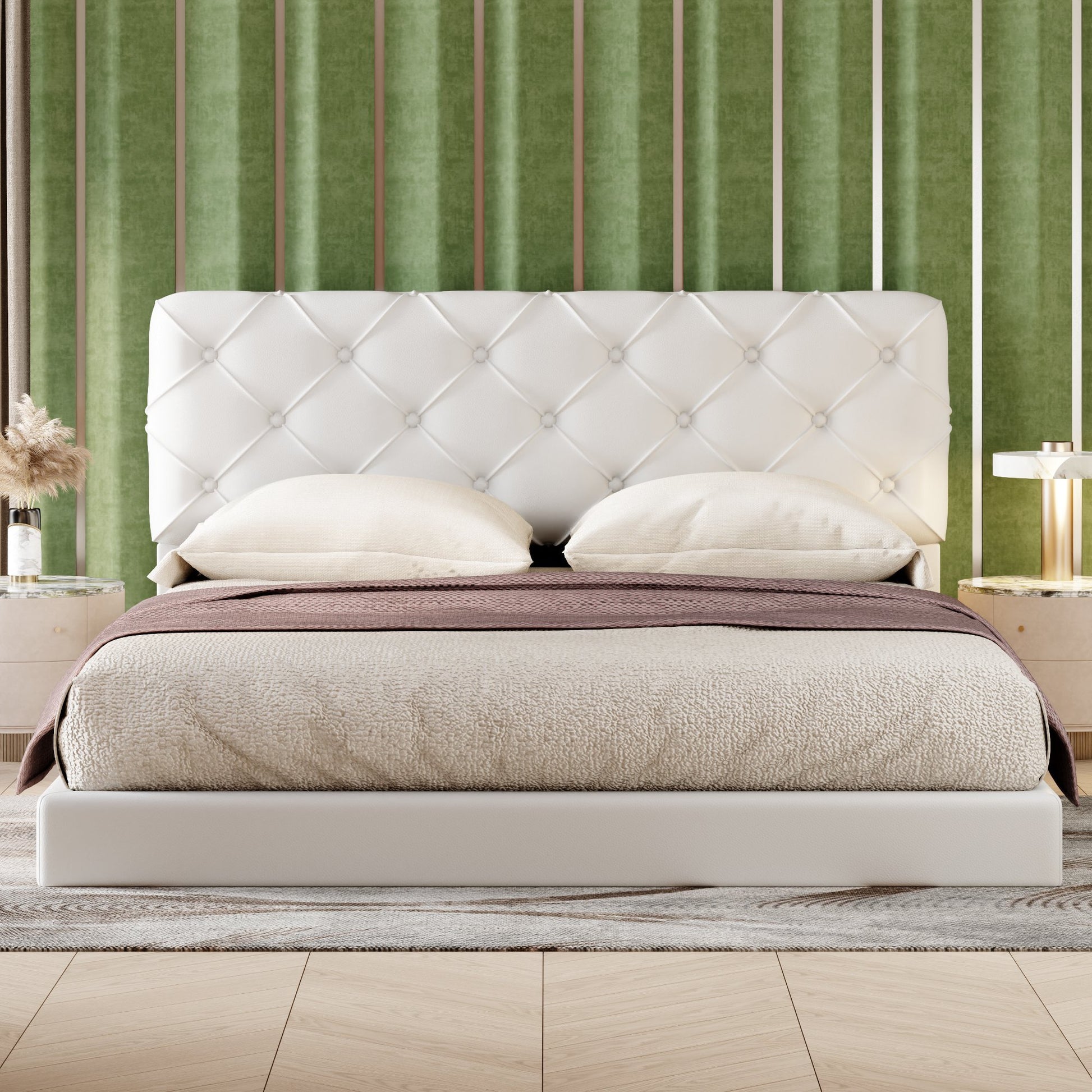 Queen Size Tufted Upholstered Platform Bed, White Box Spring Not Required Queen White Wood Bedroom Bed Frame Faux Leather Upholstered