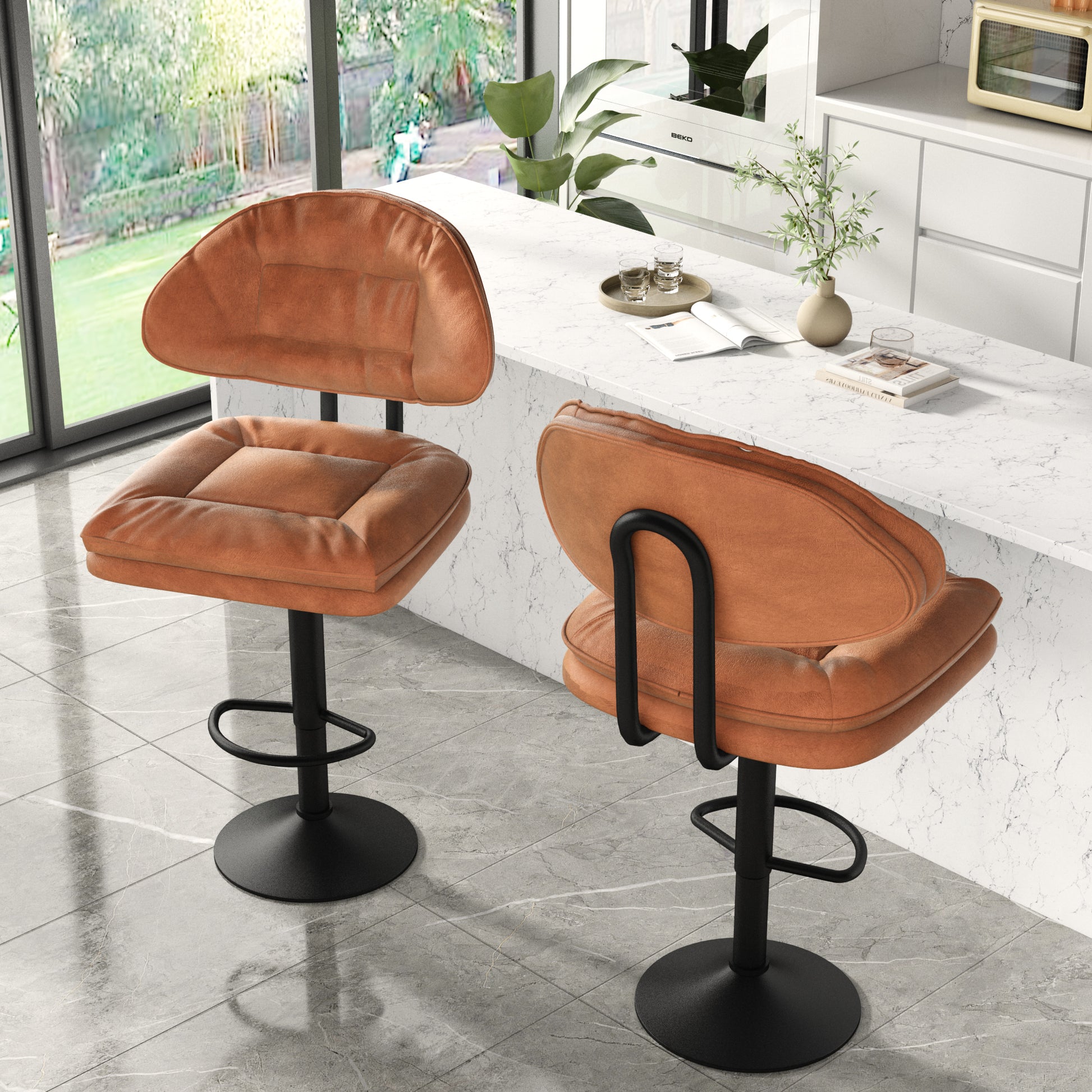 Modern Bar Stools Set Of 2, Ergonomic Upholstered Bar Stools With Back, Adjustable Double Layer Counter Stools, Swivel Barstools For Kitchen Island Orange Metal