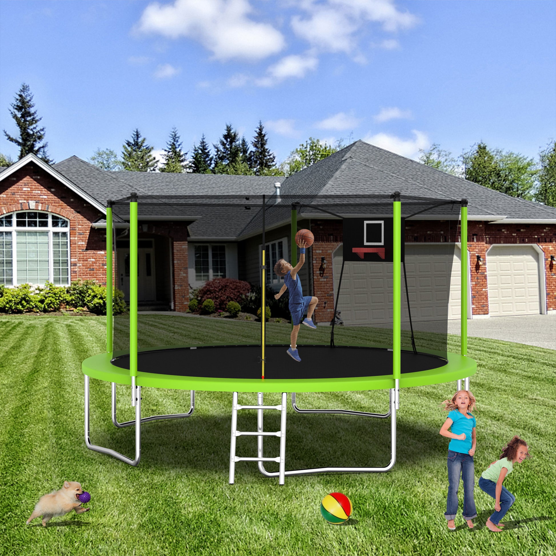 14Ft Trampoline For Kids And Adults With Net, Outdoor Recreational Trampolines For Family Green Metal