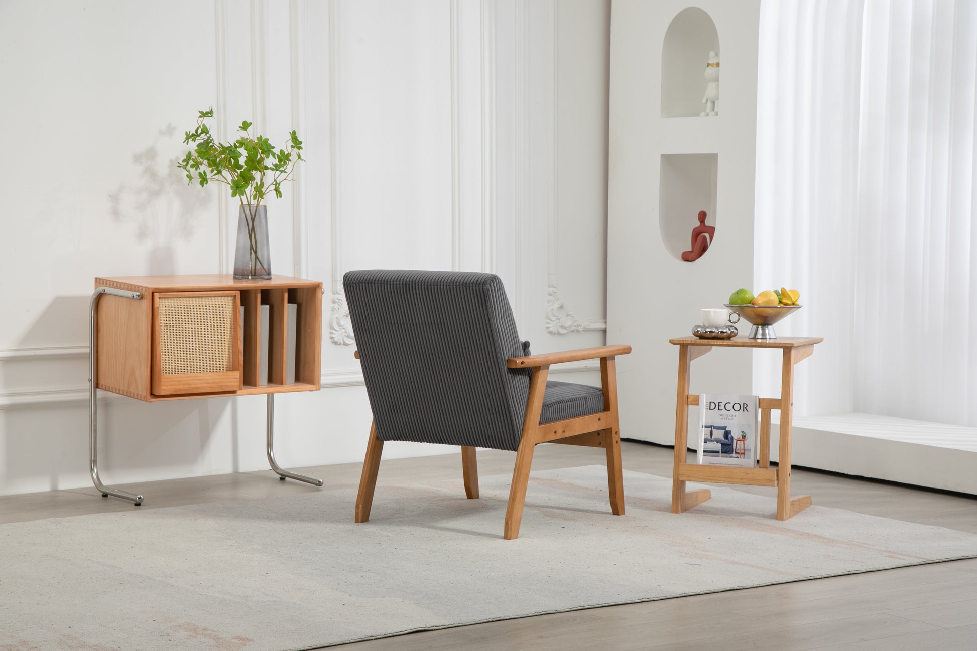 Leisure Chair With Solid Wood Armrest And Feet, Leisure Chair, Wood Frame, Velvet, L, Solid Rubber Wood Legs, Mid Century Modern Accent Chair, For Living Room Bedroom Studio Chair Dark Gray Corduroy