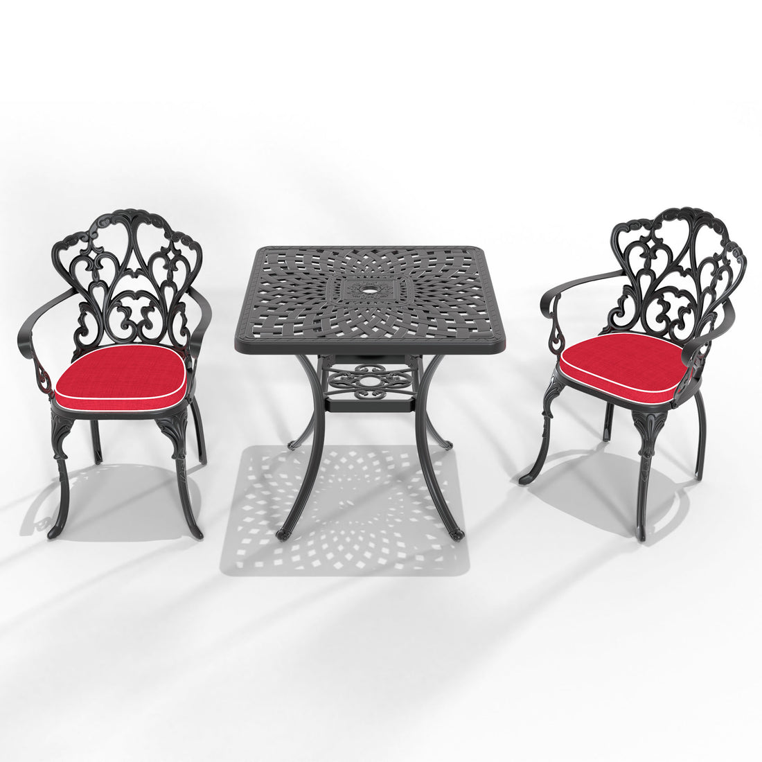 Cushions In Random Colors 3 Piece Set Of Cast Aluminum Patio Furniture With Cushions Yes Dining Set Black Seats 2 Rust Resistant Frame Water Resistant Cushion Garden & Outdoor Complete Patio Sets Aluminium