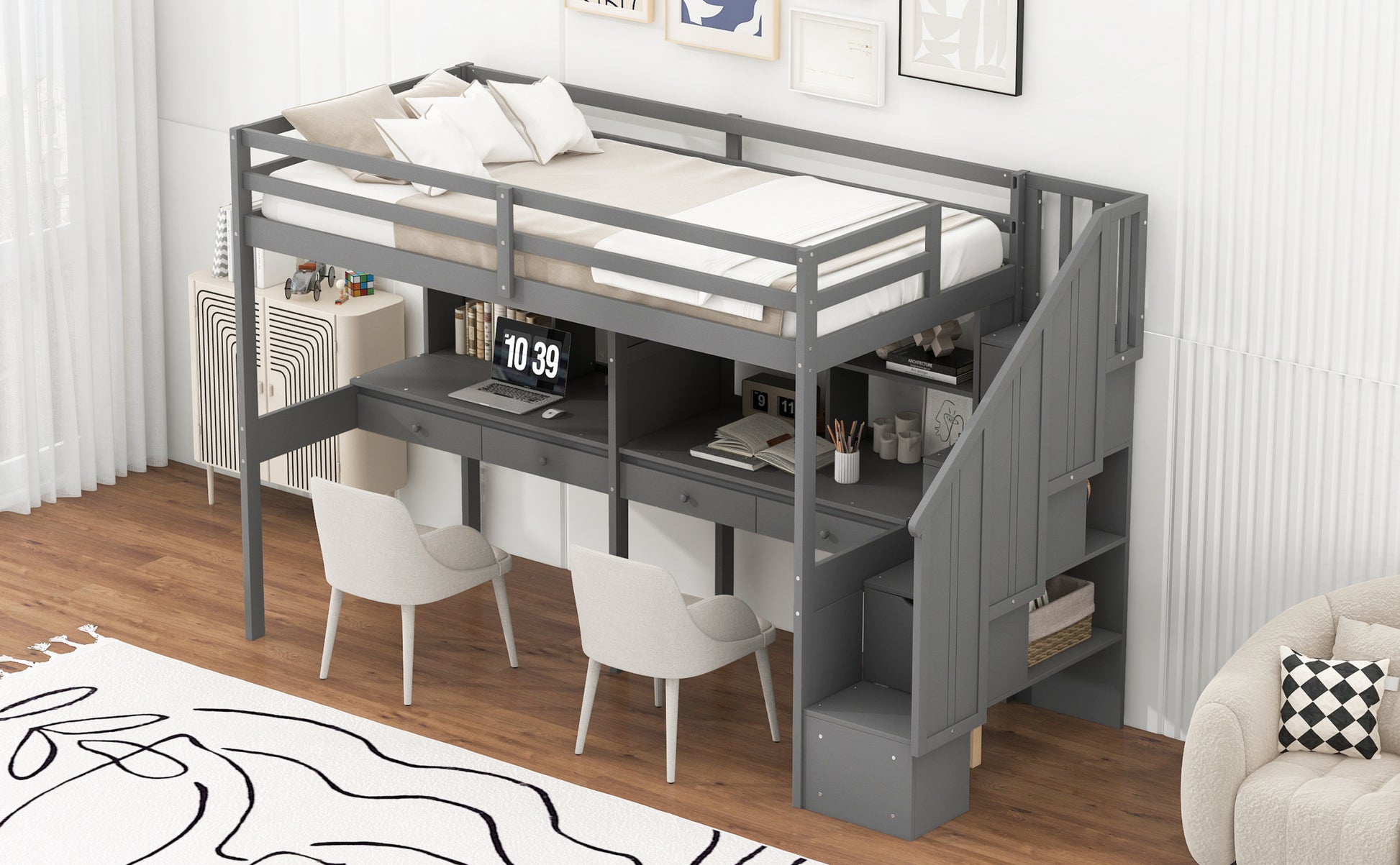 Twin Size Loft Bed Frame With Storage Staircase And Double Desks And Shelves,Gray Twin Gray Solid Wood Mdf