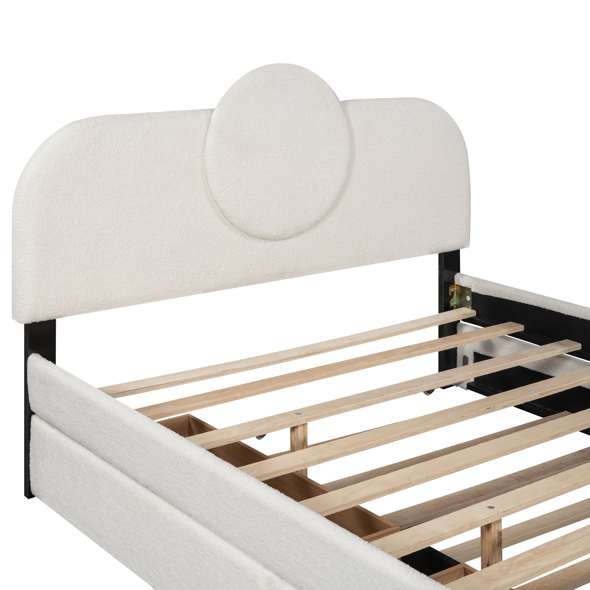 Queen Size Upholstered Platform Bed With Multi Functional Headboard, Trundle And 2 Drawers, White Box Spring Not Required Queen White Wood Bedroom Upholstered