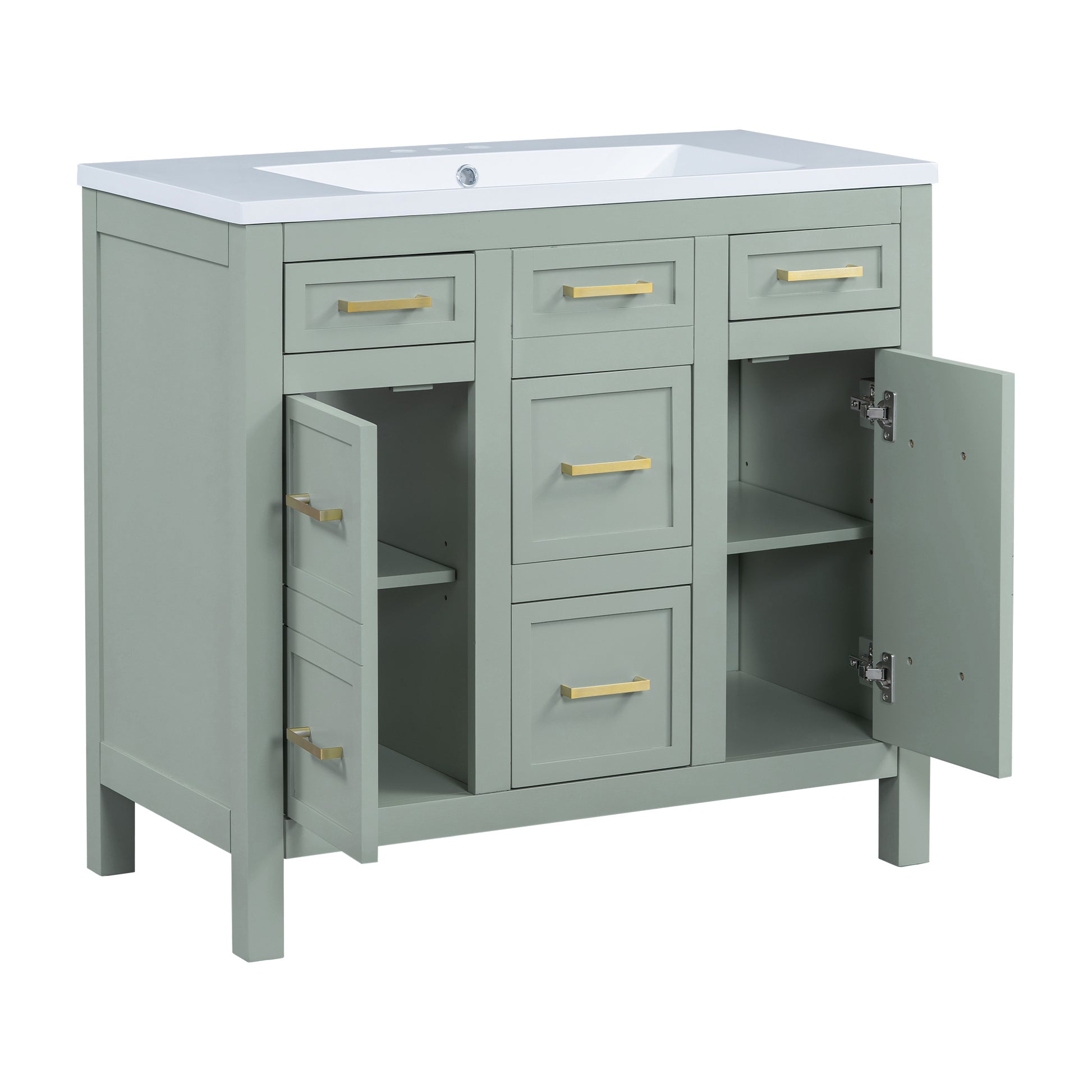 36" Bathroom Vanity Cabinet With Resin Integrated Sink 4 Drawers, 2 Doors Green Bathroom Solid Wood Mdf Resin