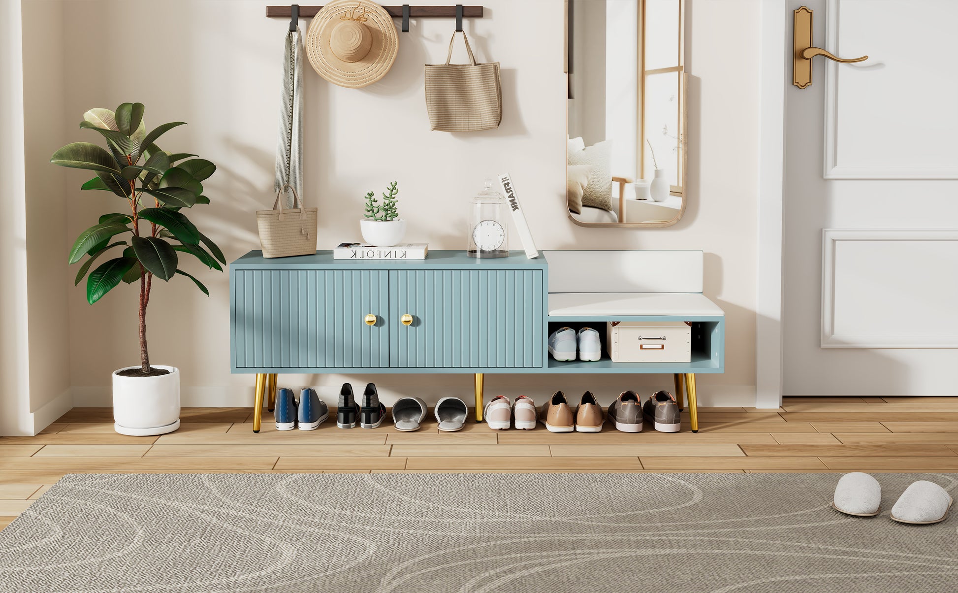 Modern Shoe Storage Bench With Hidden Storage And Upholstered Cushions For Bedside, Living Room And Entryway Light Blue Light Blue Mdf Metal