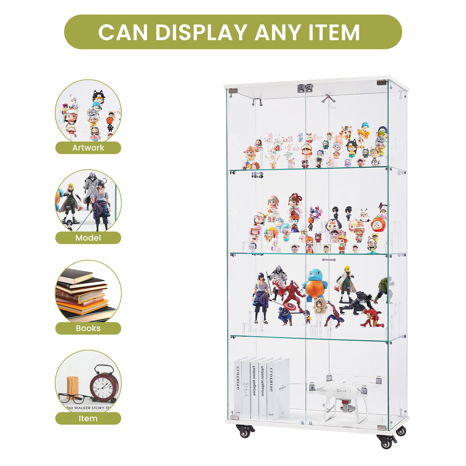 4 Tier Glass Display Cabinet, Double Door Glass Cabinet With Two Locks, Floor Standing Storage Cabinet With 6 Acrylic Shelves For Living Room, Bedroom And Office, White, 31.5"L X 14.2"W X 65.1"H