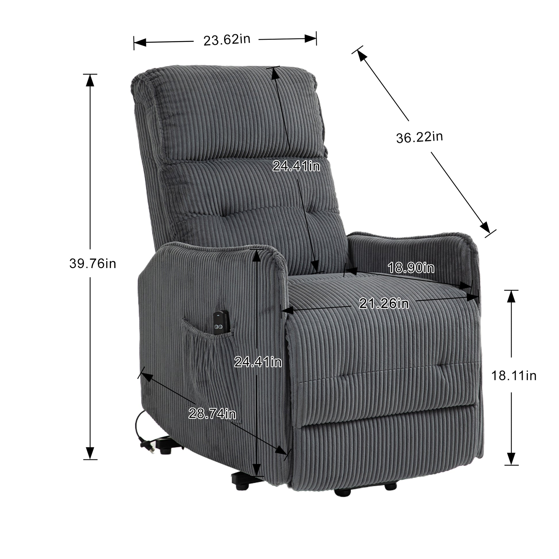 Coolmore Recliner Chair, Electric Recliner Chairs For Adults, Side Pocket Power Reclining Chair Pocket Springs Seat Cushion, Corduroy Fabric Recliner Sofa For Living Room, Bedroom, Home Theater Dg Dark Gray Foam Corduroy
