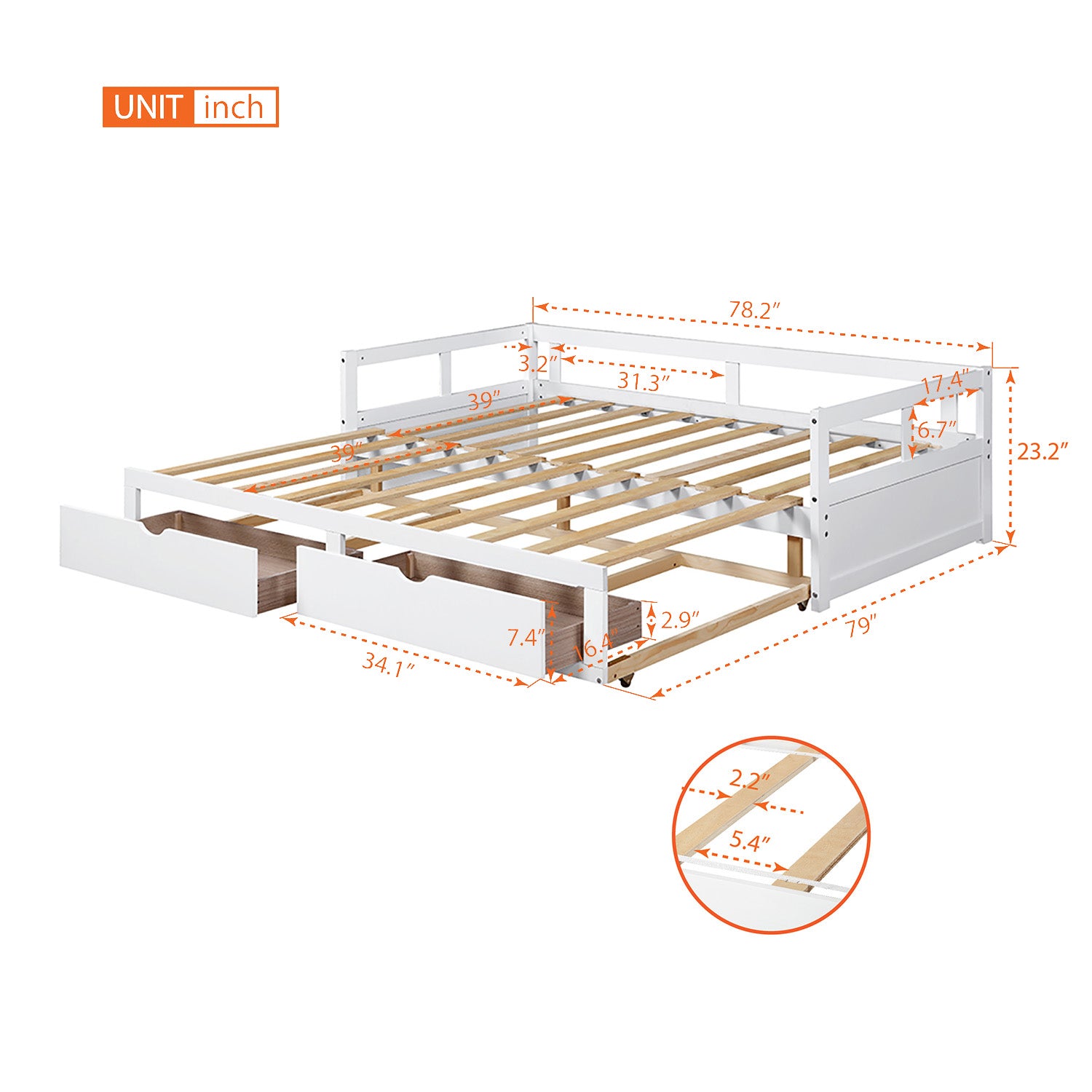 Wooden Daybed With Trundle Bed And Two Storage Drawersextendable Bed Daybed,Sofa Bed For Bedroom Living Room,White Twin White Solid Wood