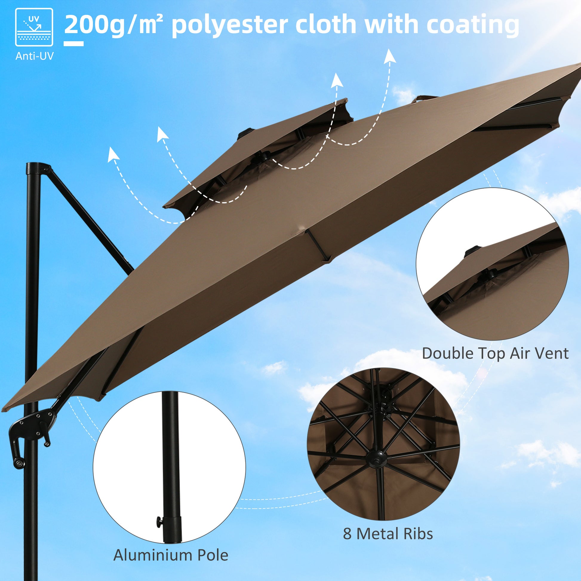 Outsunny 10Ft Offset Patio Umbrella With Base, Double Top Hanging Aluminum Cantilever Umbrella With 360 Degree Rotation, Easy Tilt, 8 Ribs, Crank, Cross Base, Cover, Strap, Coffee Coffee Steel