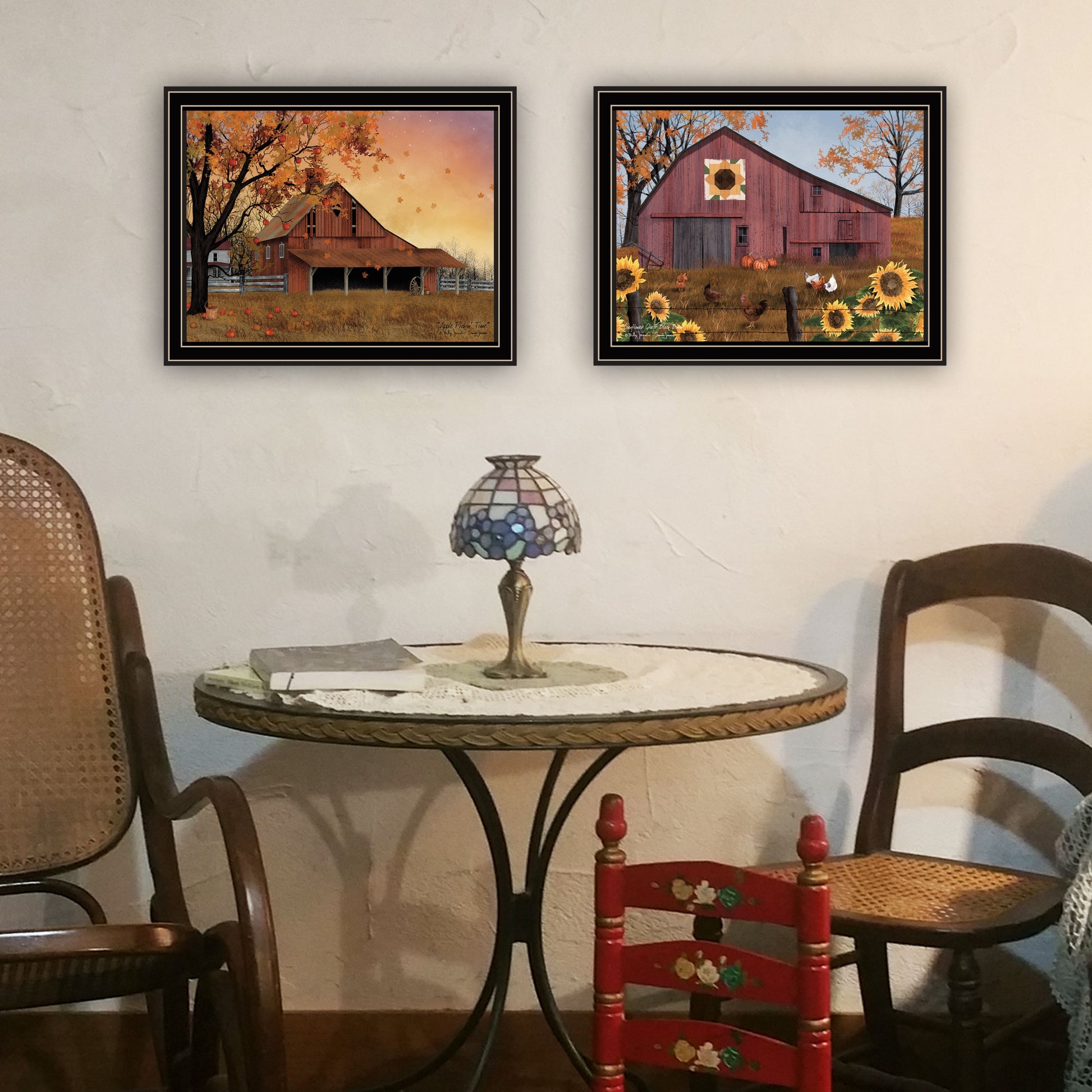 2 Piece Vignette Apple Picking Time, Sunflower Quilt Barn Black Framed Wall Art For Living Room, Bedroom Wall Art Print For Home Decor By Billy Jacobs Multi Wood Paper