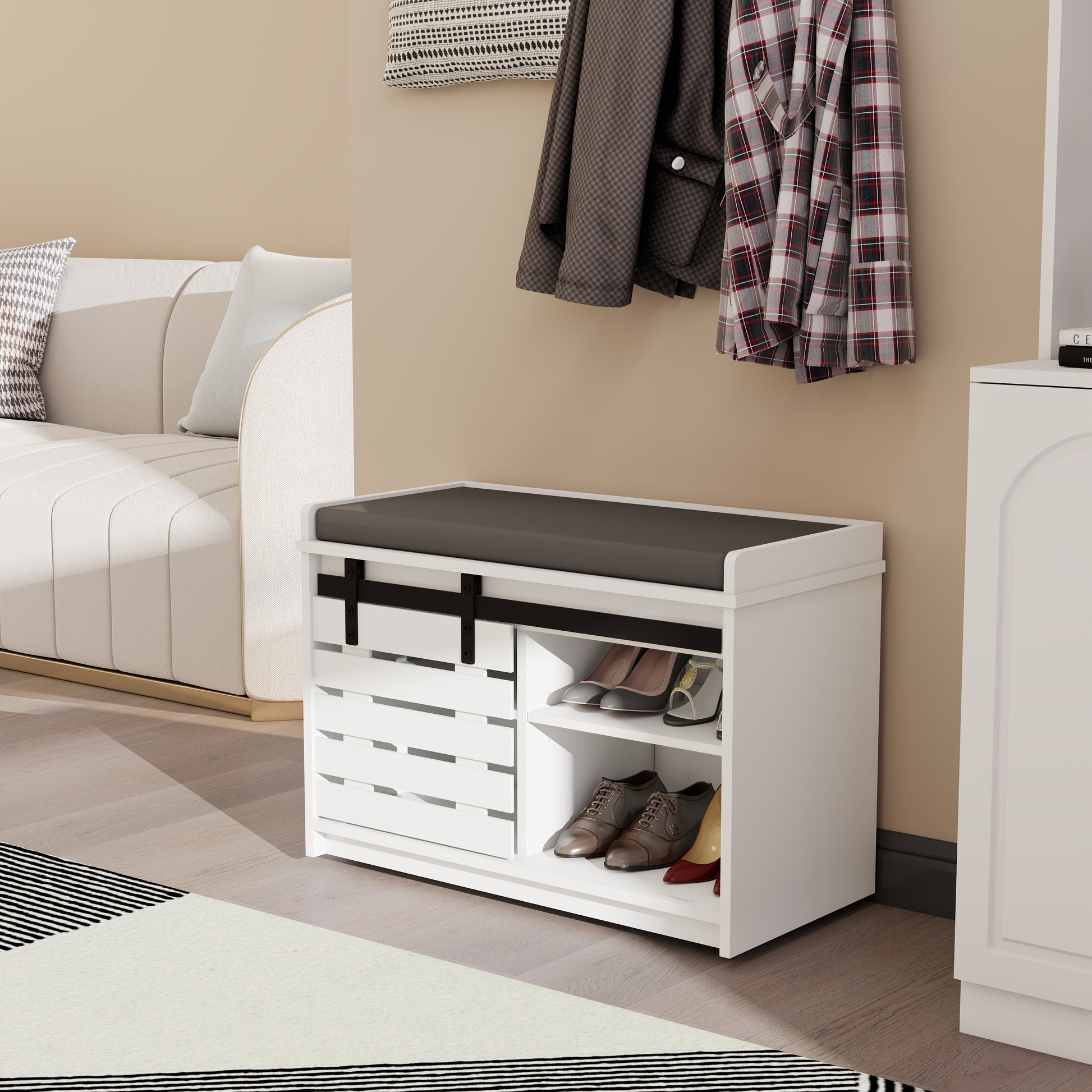 Modern Shoe Storage Bench, 2 Tier Entryway Bench With Sliding Barn Door & 2 Adjustable Shelves & Full Soft Removable Seat Cushion For Entryway, Hallway, Bedroom White White Mdf