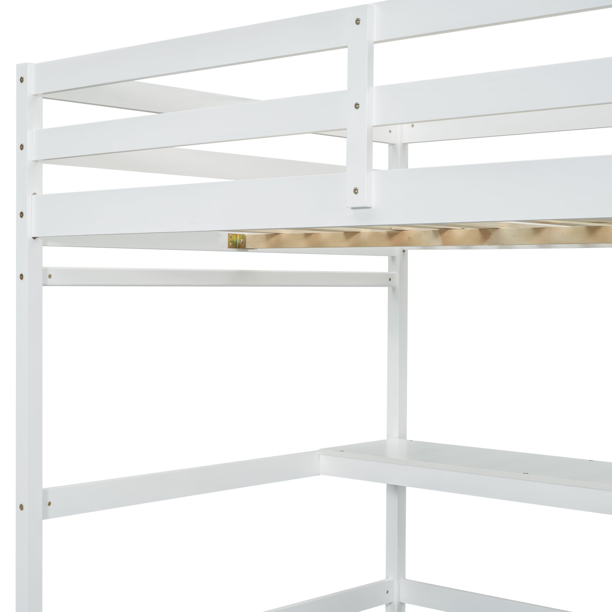 Full Loft Bed With Built In Desk, Ladder Platform, Ladders, Guardrails,White Full White Bedroom American Design Pine