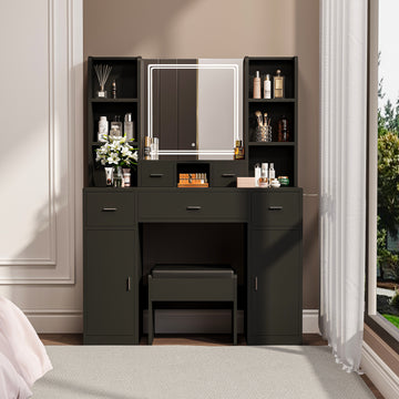 The Black Dressing Table With Led Mirror Is Equipped With A Hair Dryer Rack, And The Dressing Tables In The Bedroom And Dressing Room Are Equipped With Dressing Stools Black 5 Drawers & Above