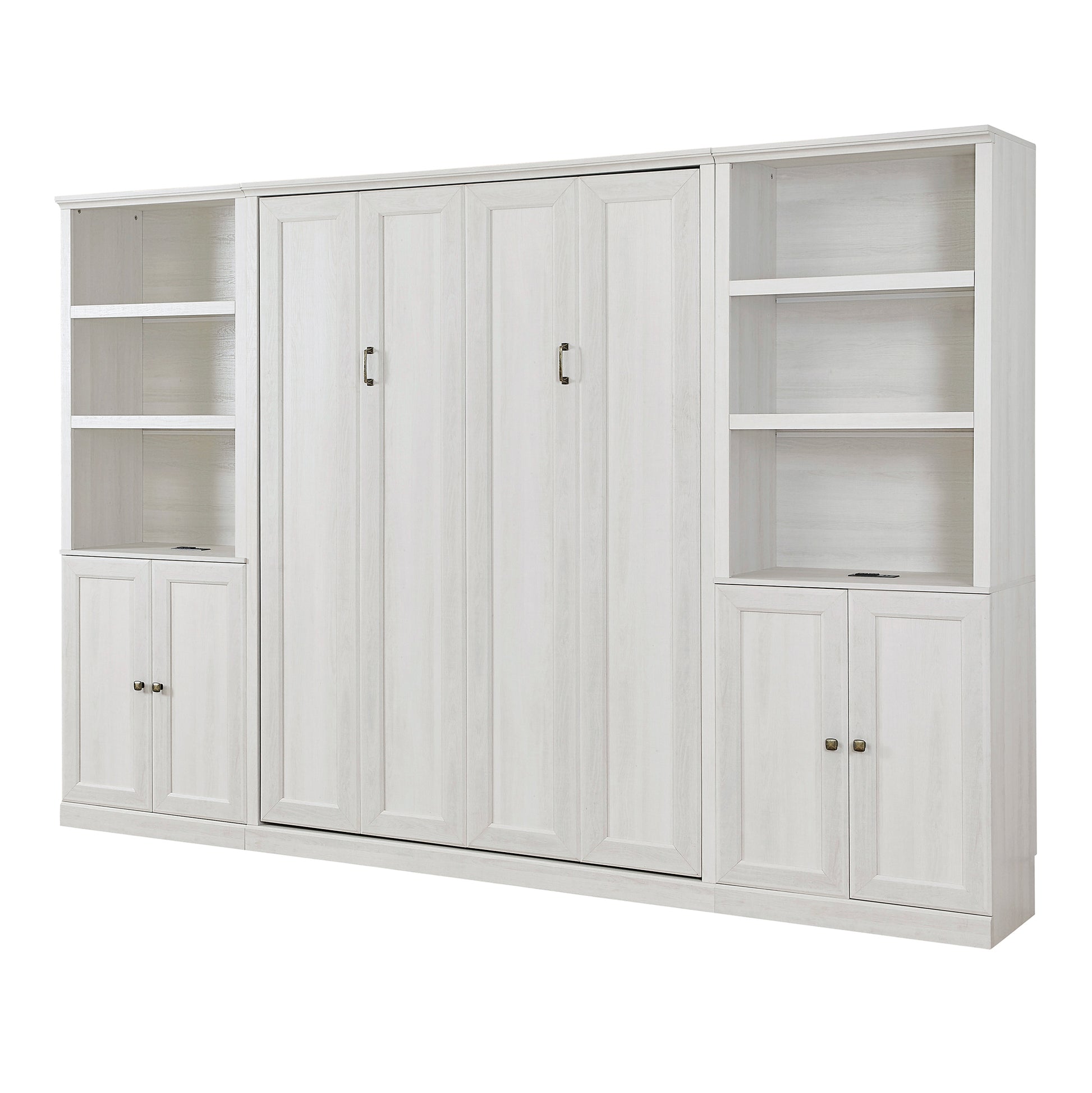 Full Size Half Self Close And Open Murphy Bed With 2 Side Cabinet Storage Shelf, Cabinet Space Saving Bed Perfect For Guest Room, Bed Room, Guest Room, Home Office, Rustic White Box Spring Not Required Full Rustic White Wood White Pine Murphy Solid Wood