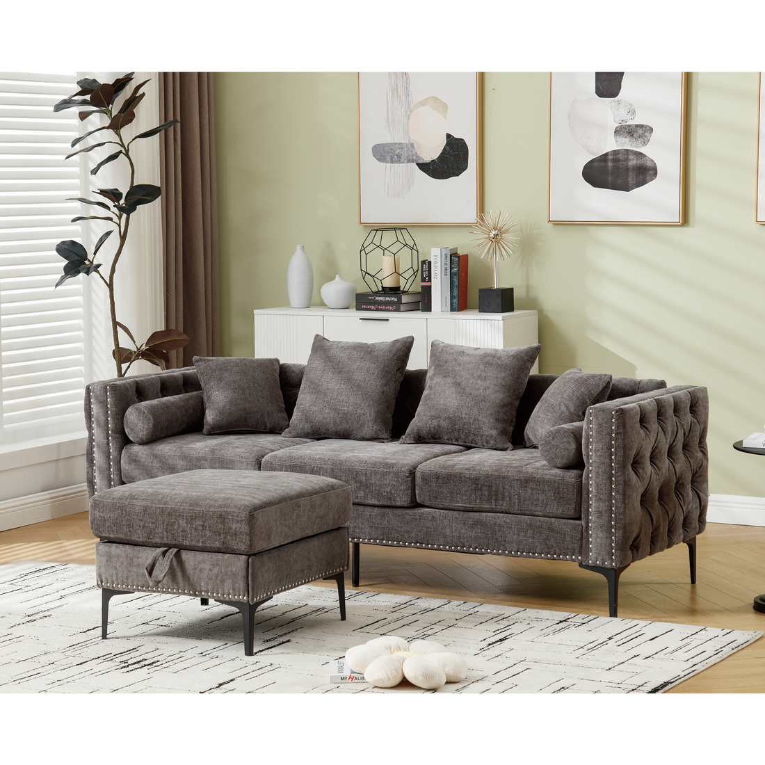 Arrived L Shaped Sectional Sofaconvertible Storage Ottoman,Chenille ,Square Arm, Modern Tufted Couch ,3 Seater, And Nailhead, Dark Gray Dark Gray Polyester Wood Primary Living Space Medium Soft Tufted Back Modern Square Arms Metal & Wood 4 Seat