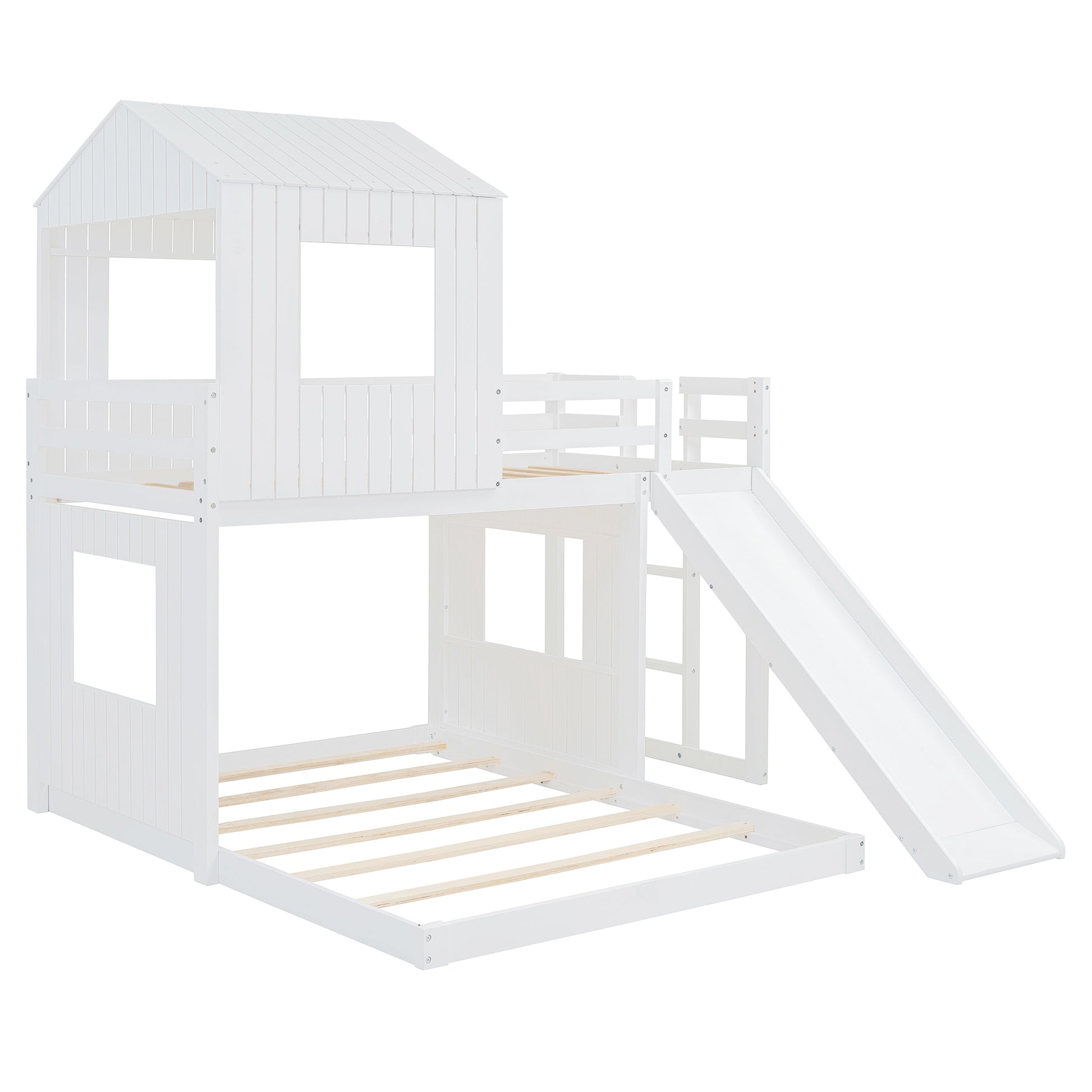 Wooden Twin Over Full Bunk Bed, Loft Bed With Playhouse, Farmhouse, Ladder, Slide And Guardrails, White Old Sku :Lt000028Aak Twin White Solid Wood